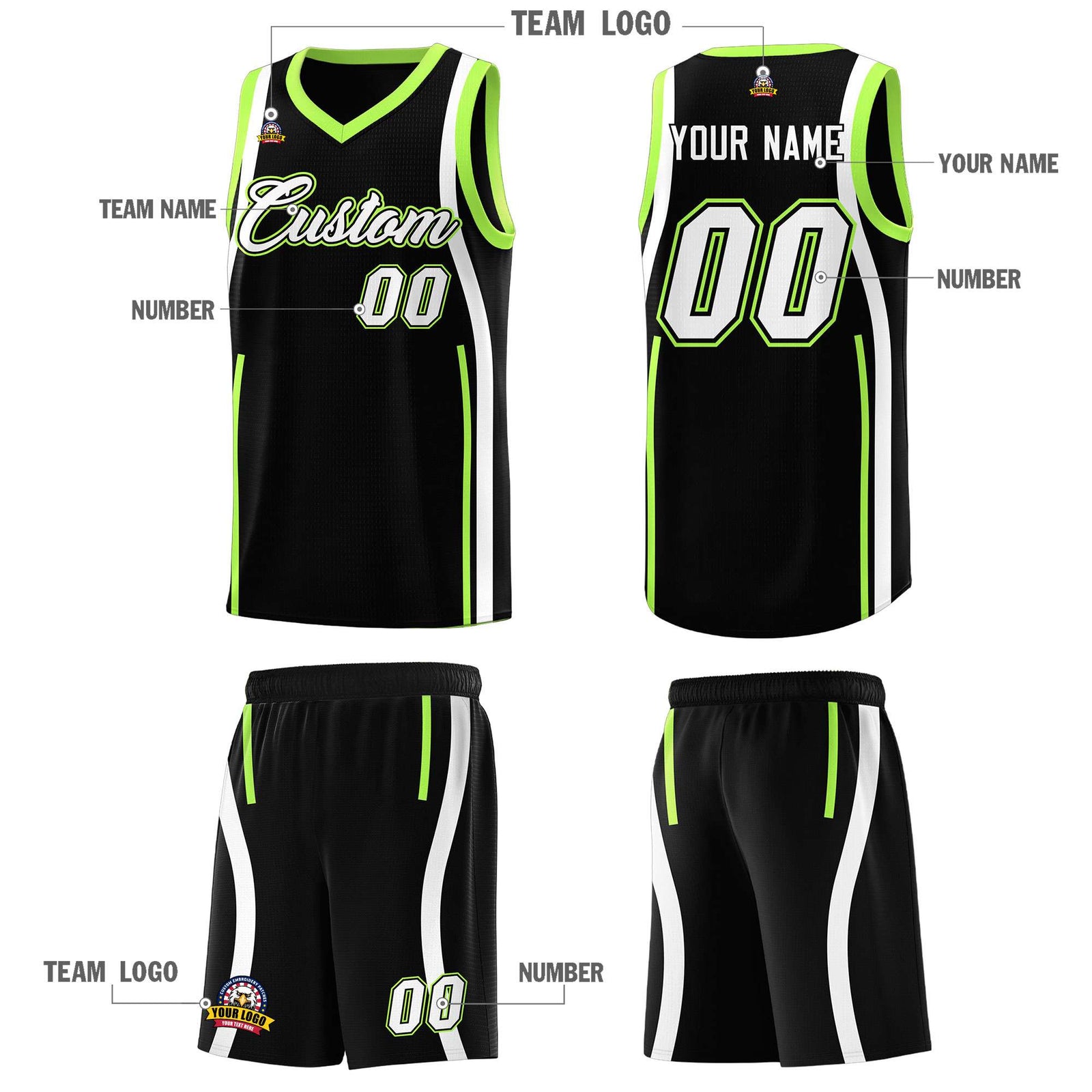 Custom Black Fluorescent Green-White Ribbon Pattern Basketball Kits