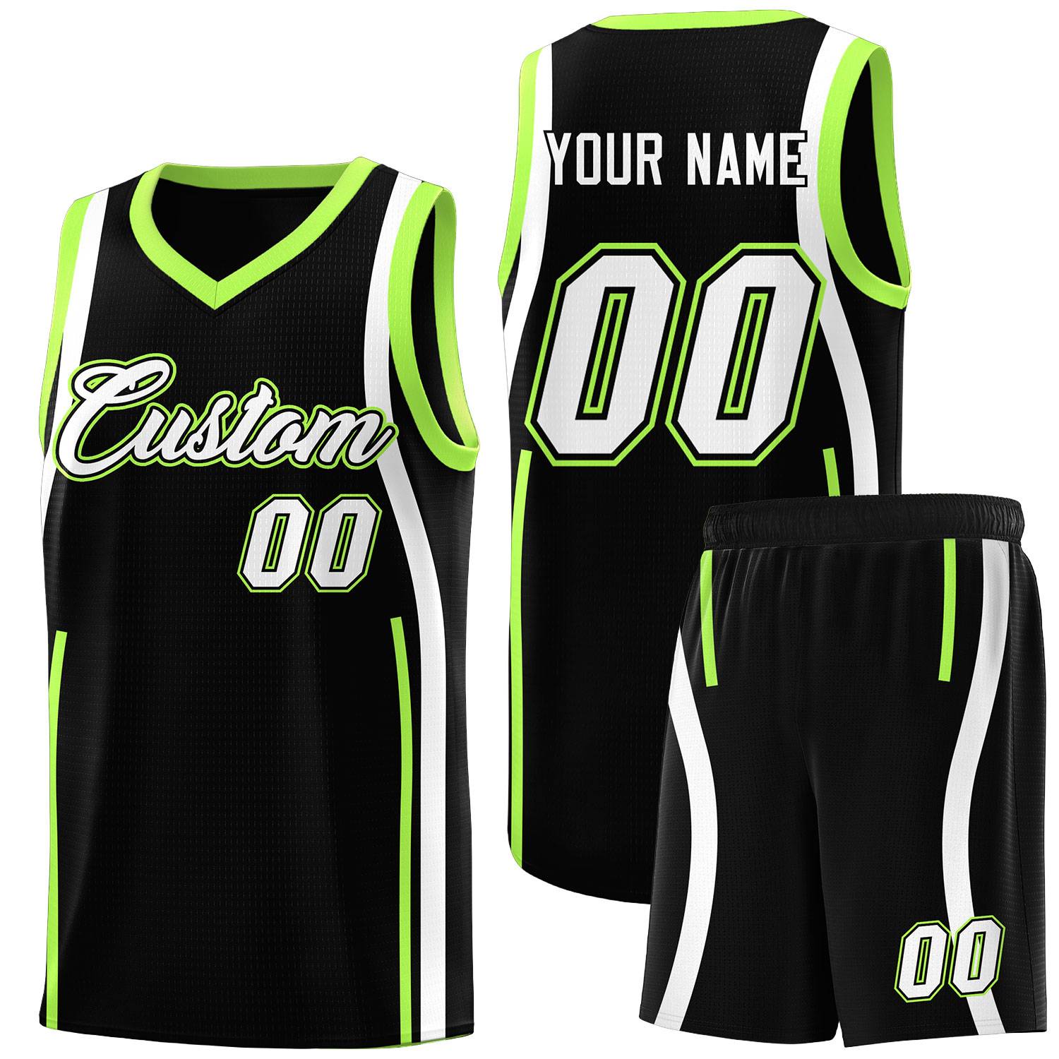 Custom Black Fluorescent Green-White Ribbon Pattern Basketball Kits
