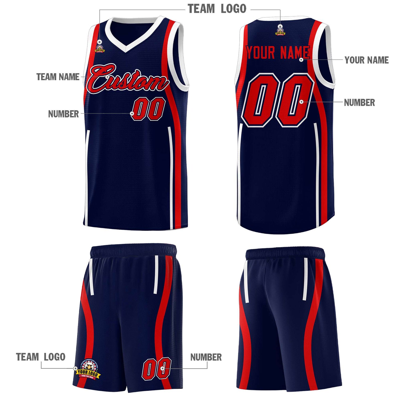 Custom Navy Red-White Ribbon Pattern Basketball Kits