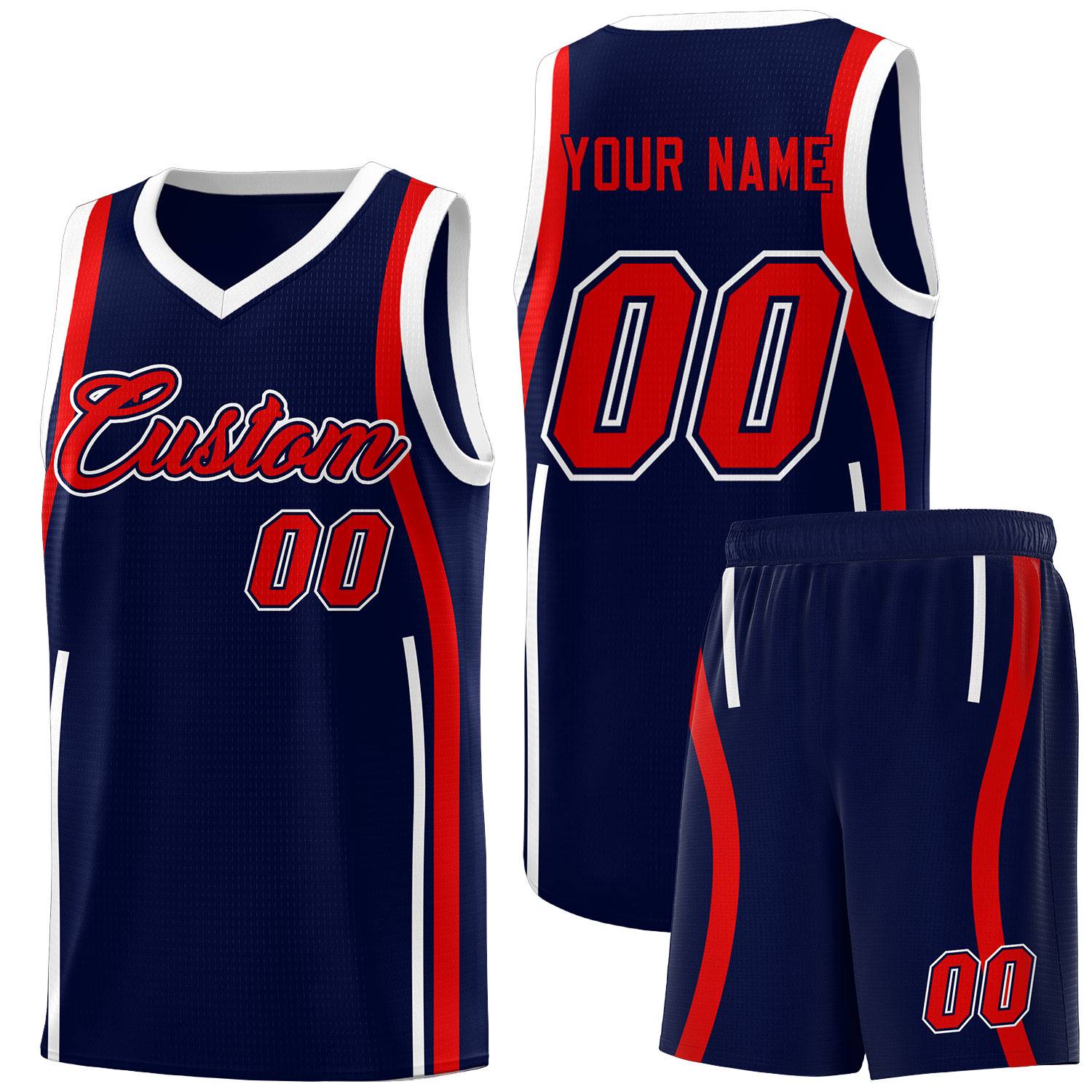 Custom Navy Red-White Ribbon Pattern Basketball Kits