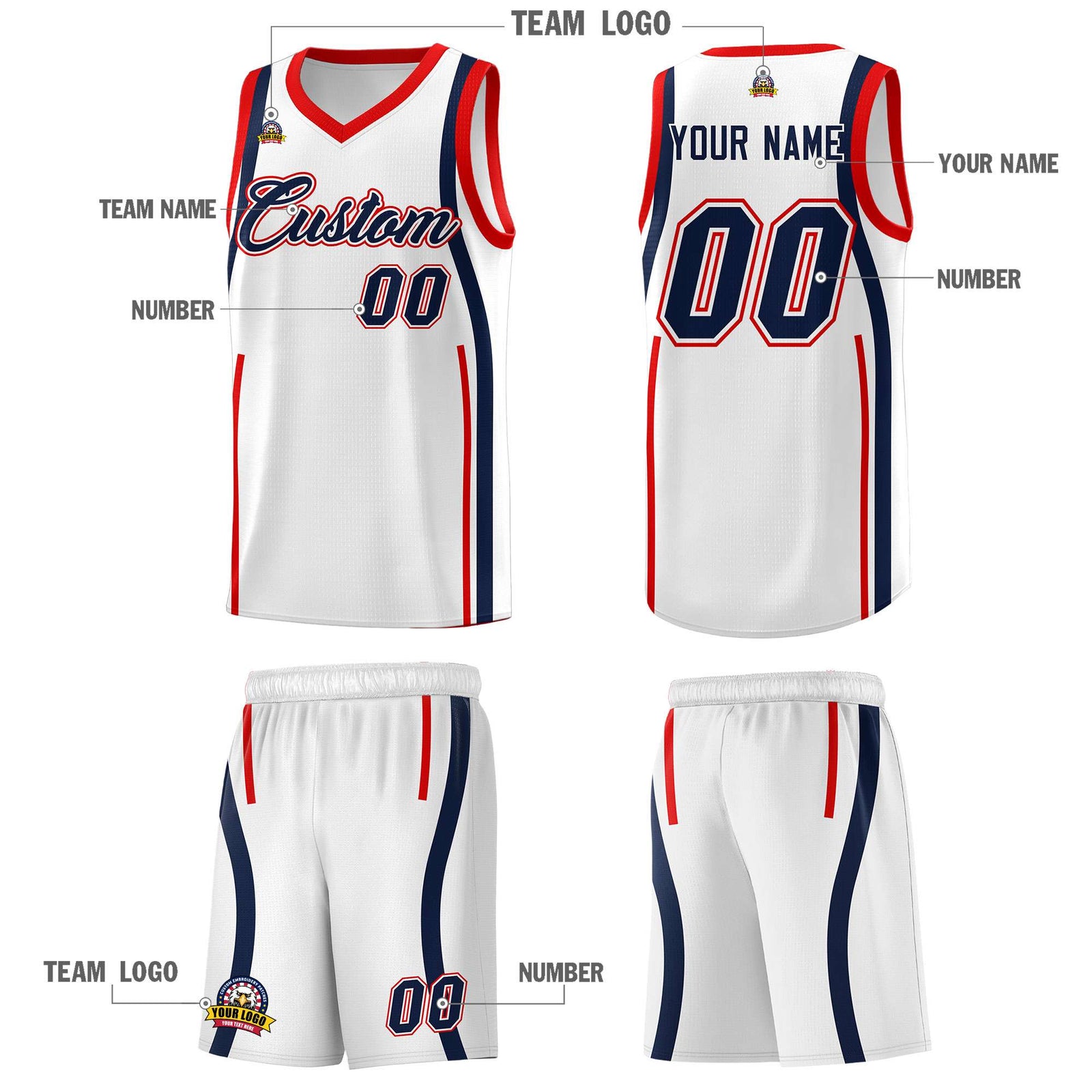 Custom White Navy-Red Ribbon Pattern Basketball Kits