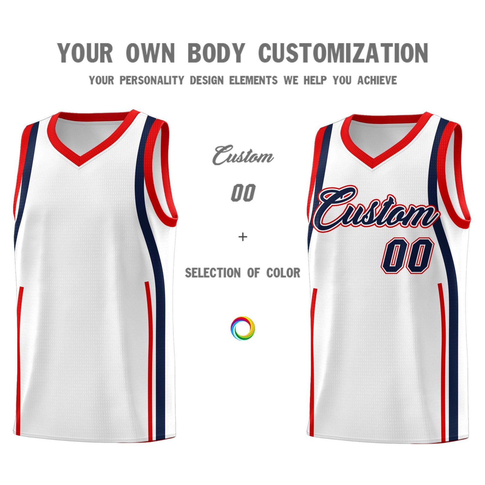 Custom White Navy-Red Ribbon Pattern Basketball Kits