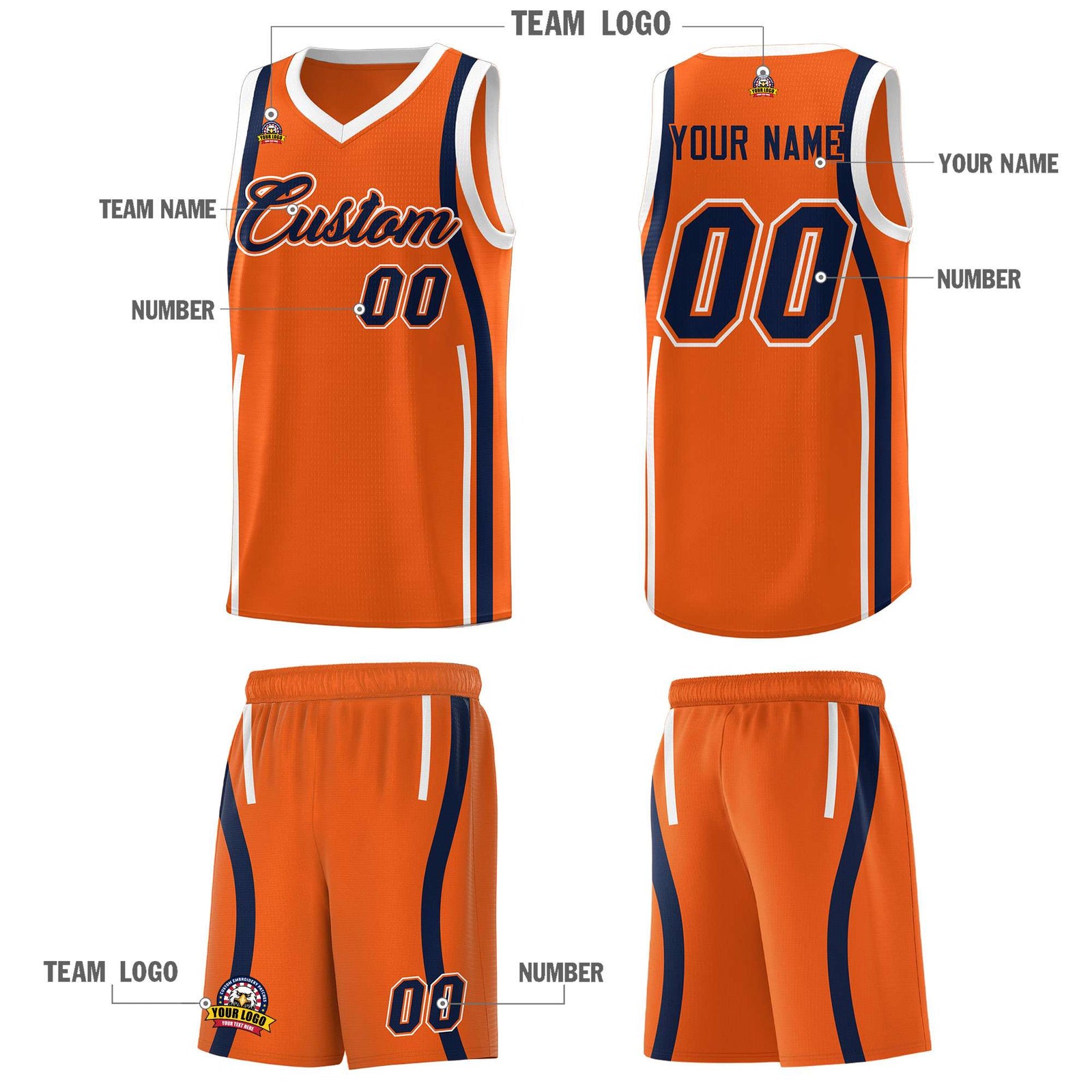 Custom Orange Navy-White Ribbon Pattern Basketball Kits