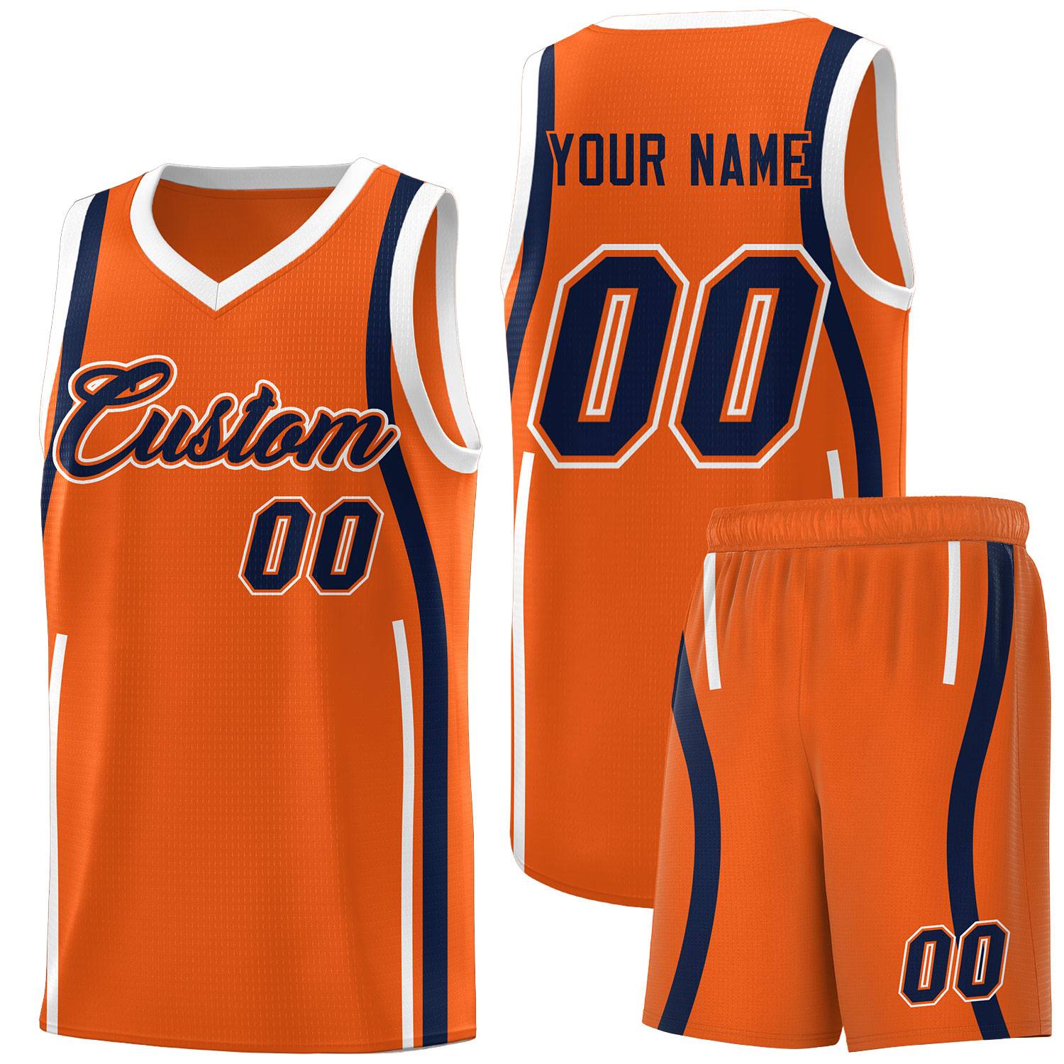 Custom Orange Navy-White Ribbon Pattern Basketball Kits