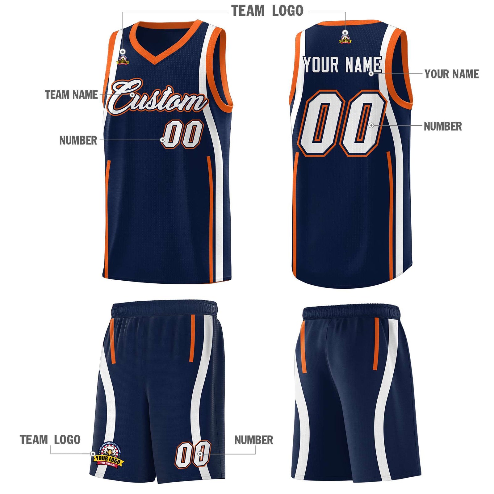 Custom Navy Orange-White Ribbon Pattern Basketball Kits