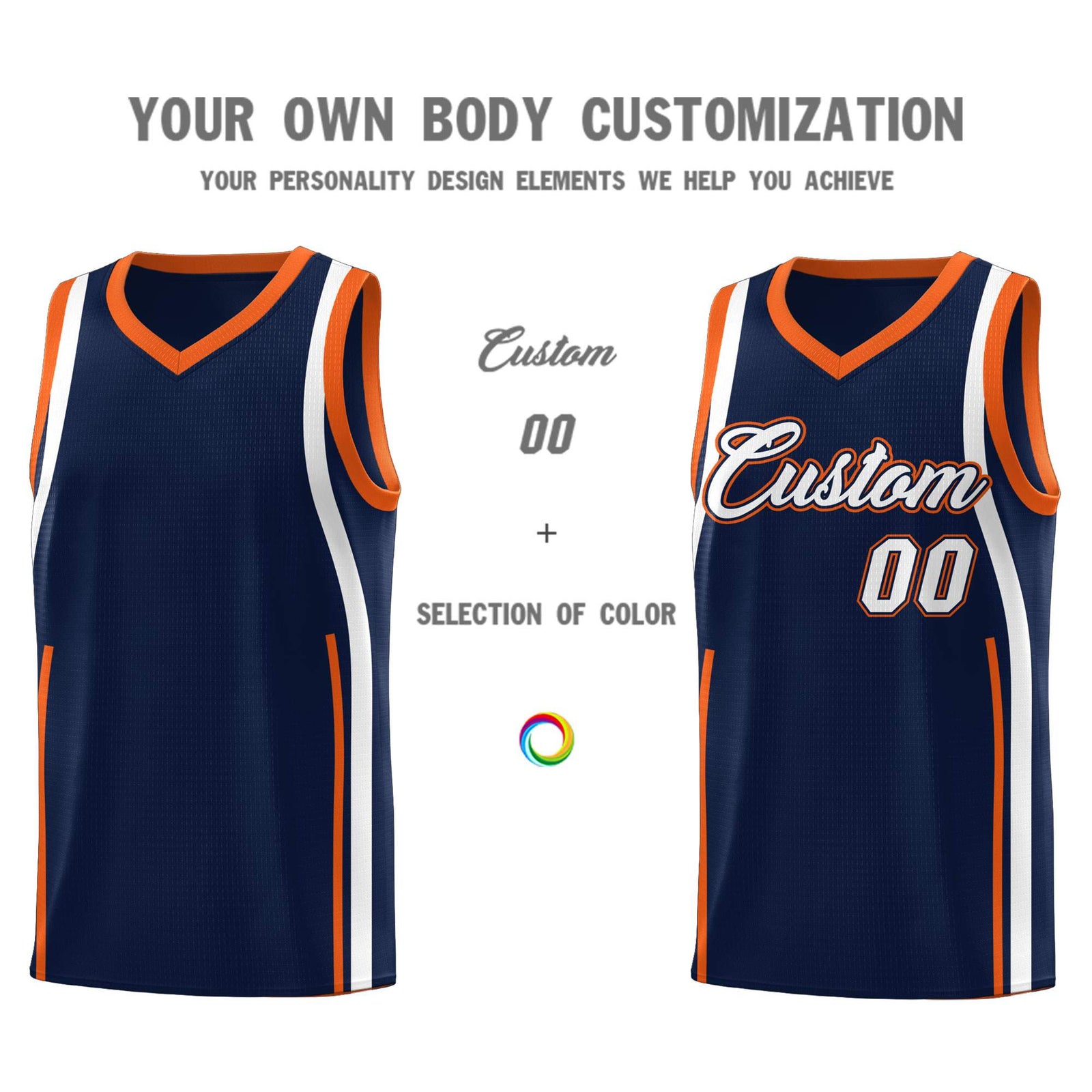 Custom Navy Orange-White Ribbon Pattern Basketball Kits
