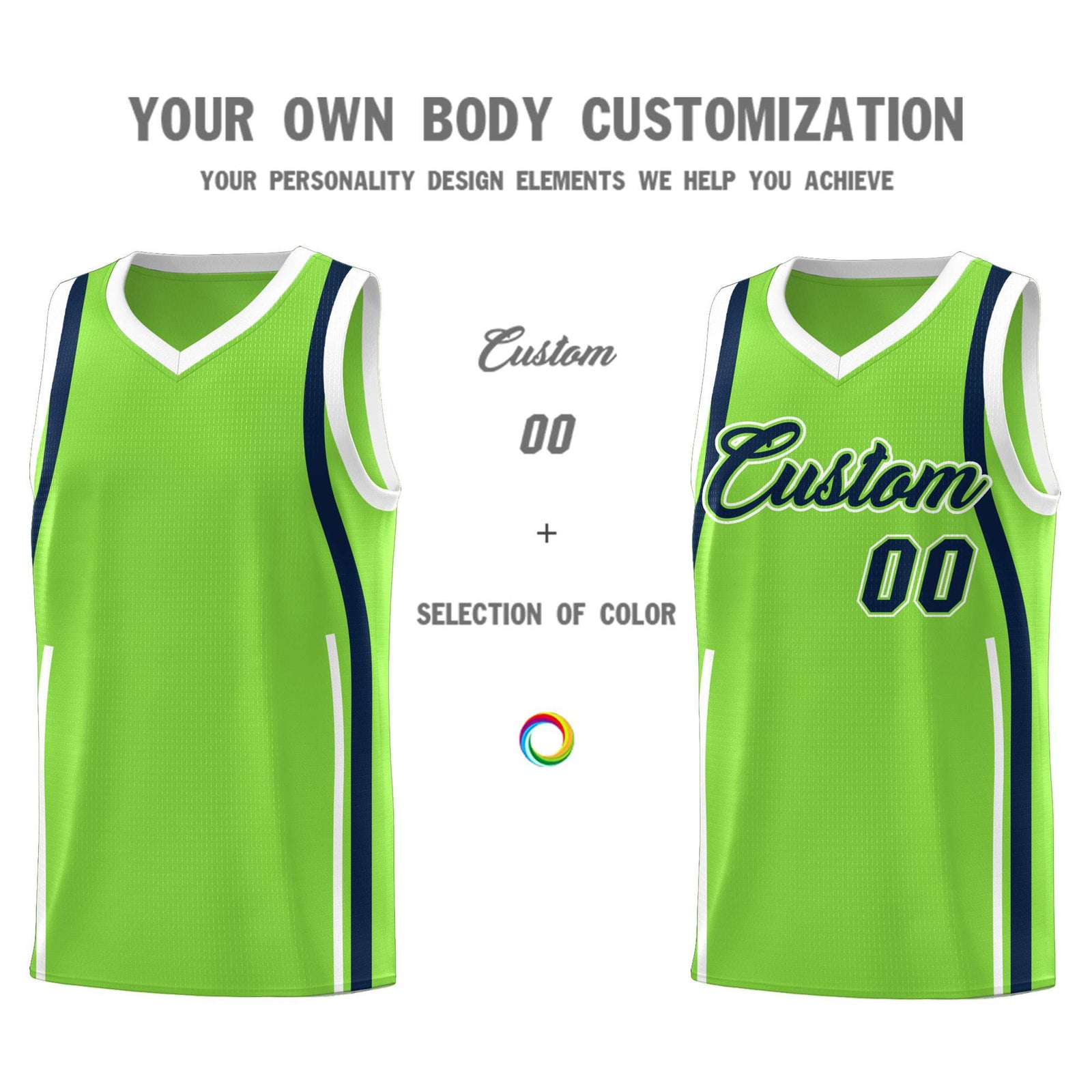 Custom Fluorescent Green Navy-White Ribbon Pattern Basketball Kits