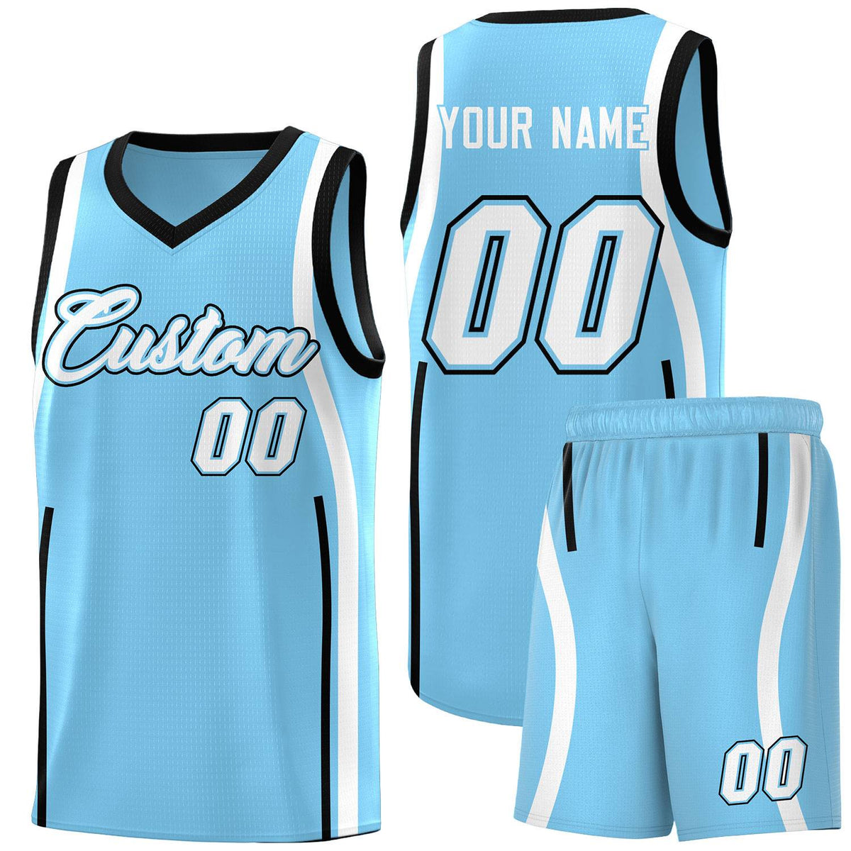 Custom Light Blue Black-White Ribbon Pattern Basketball Kits