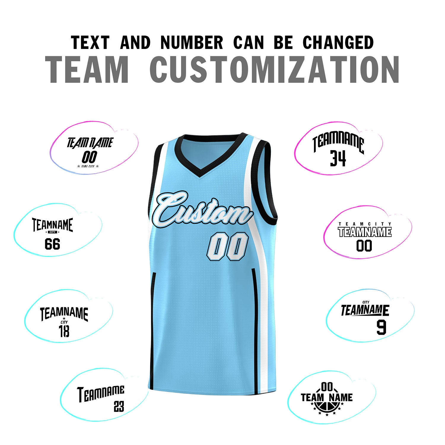 Custom Light Blue Black-White Ribbon Pattern Basketball Kits