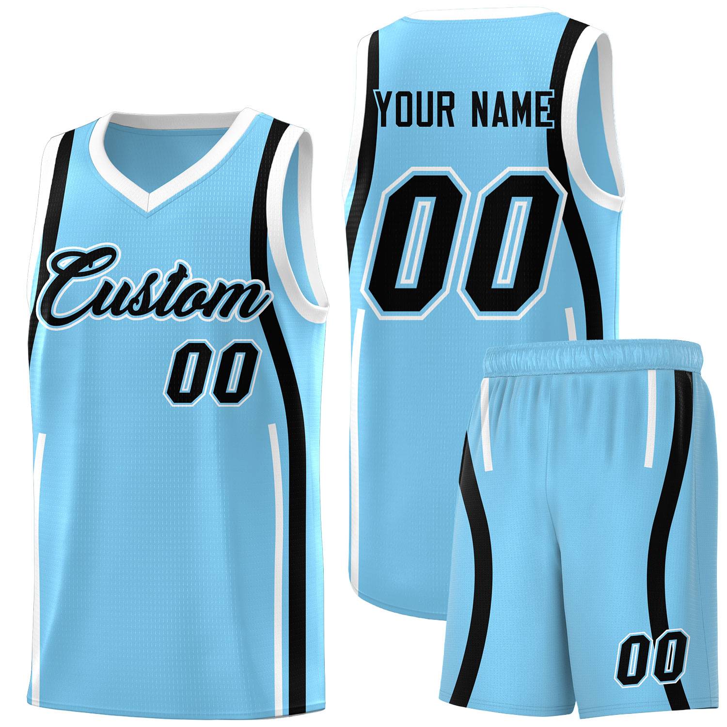 Custom Light Blue Black-White Ribbon Pattern Basketball Kits