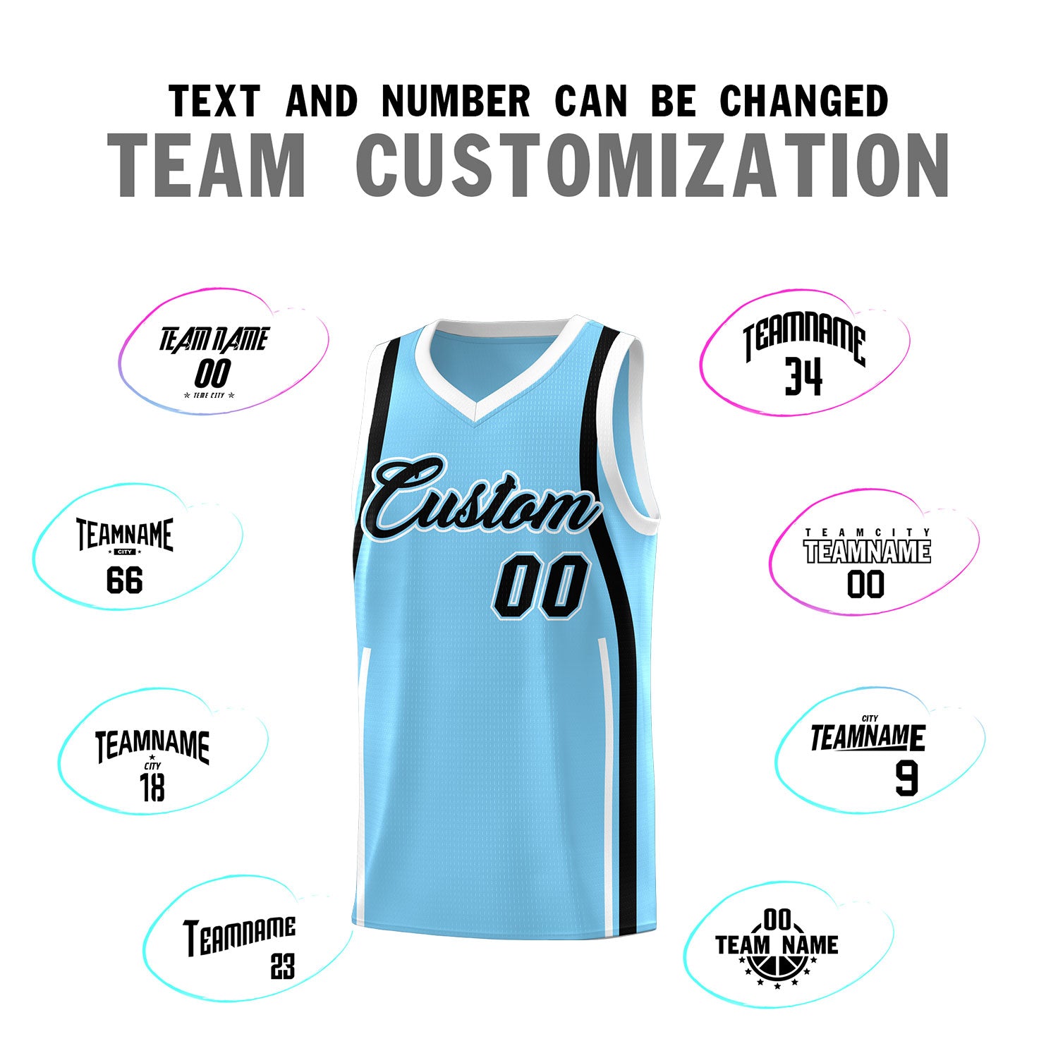 Custom Light Blue Black-White Ribbon Pattern Basketball Kits
