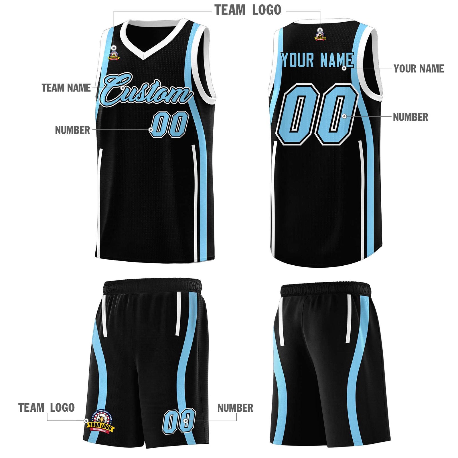 Custom Black Light Blue-White Ribbon Pattern Basketball Kits