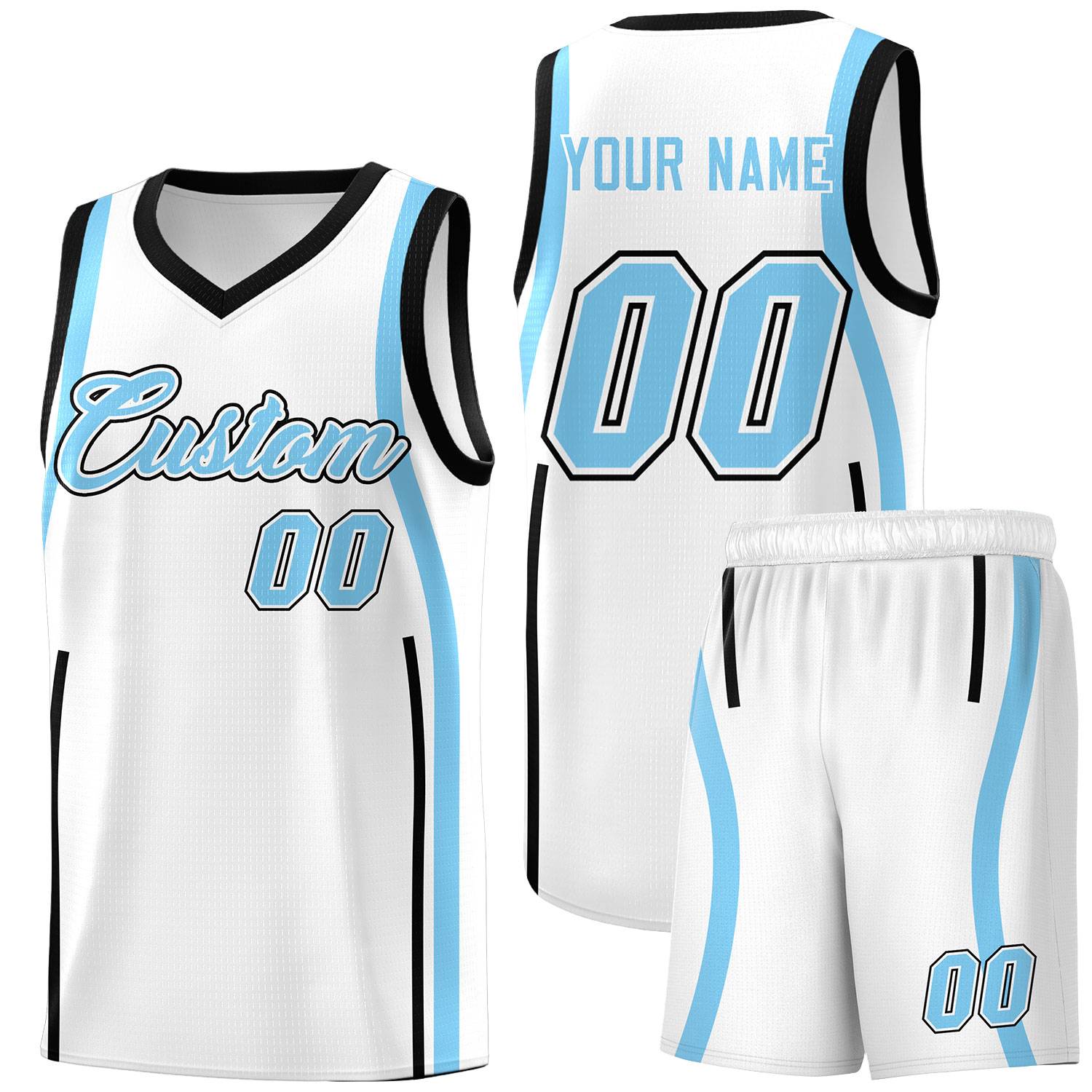 Custom White Light Blue-Black Ribbon Pattern Basketball Kits