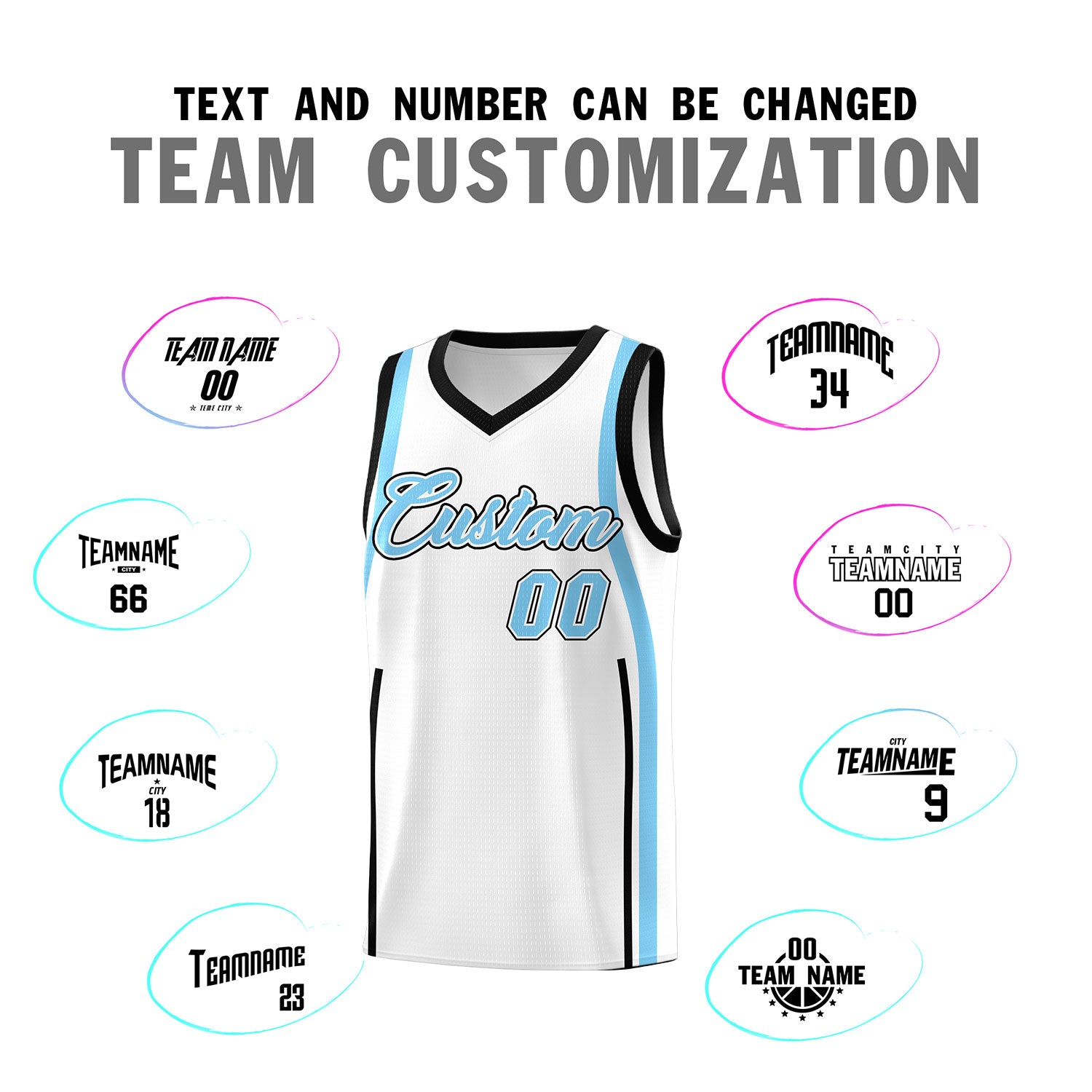 Custom White Light Blue-Black Ribbon Pattern Basketball Kits