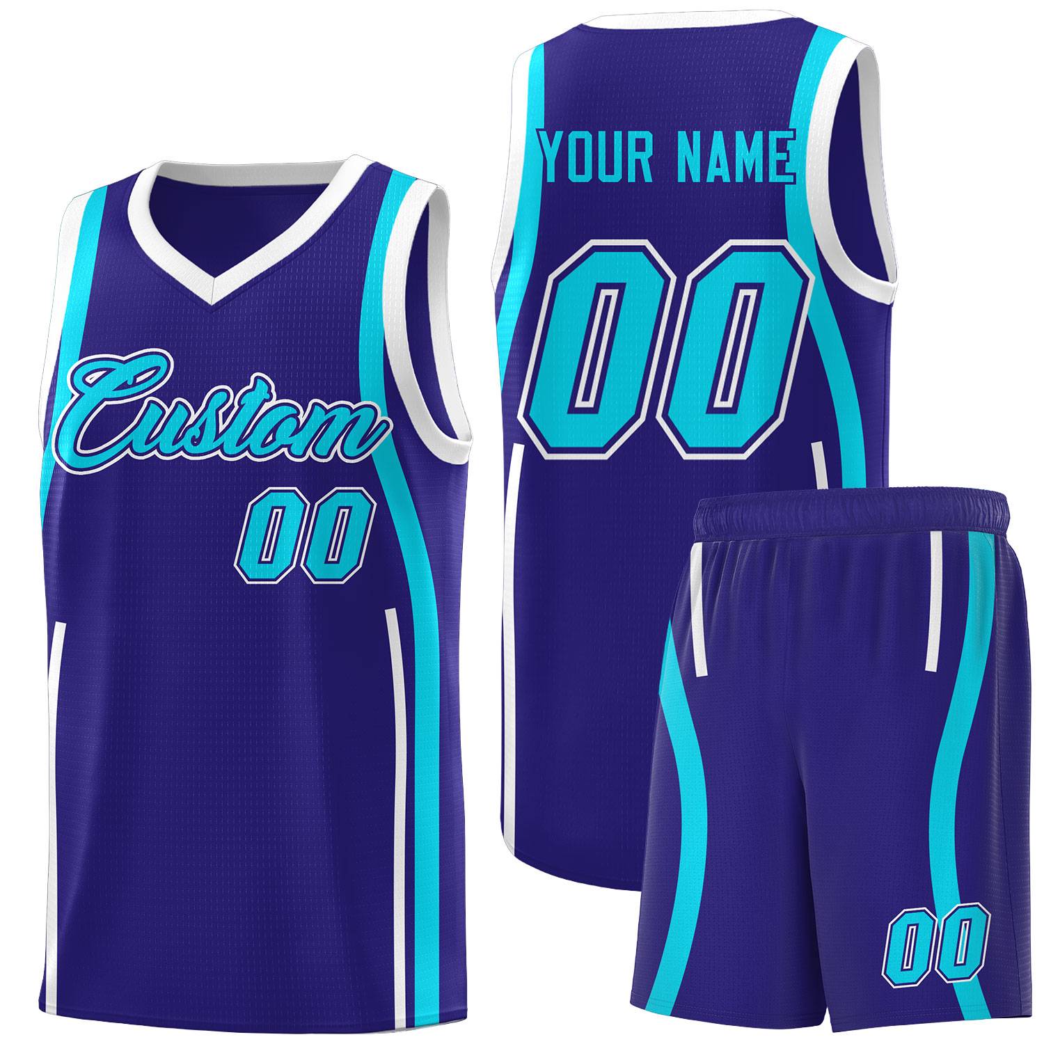 Custom Royal Sky Blue-White Ribbon Pattern Basketball Kits