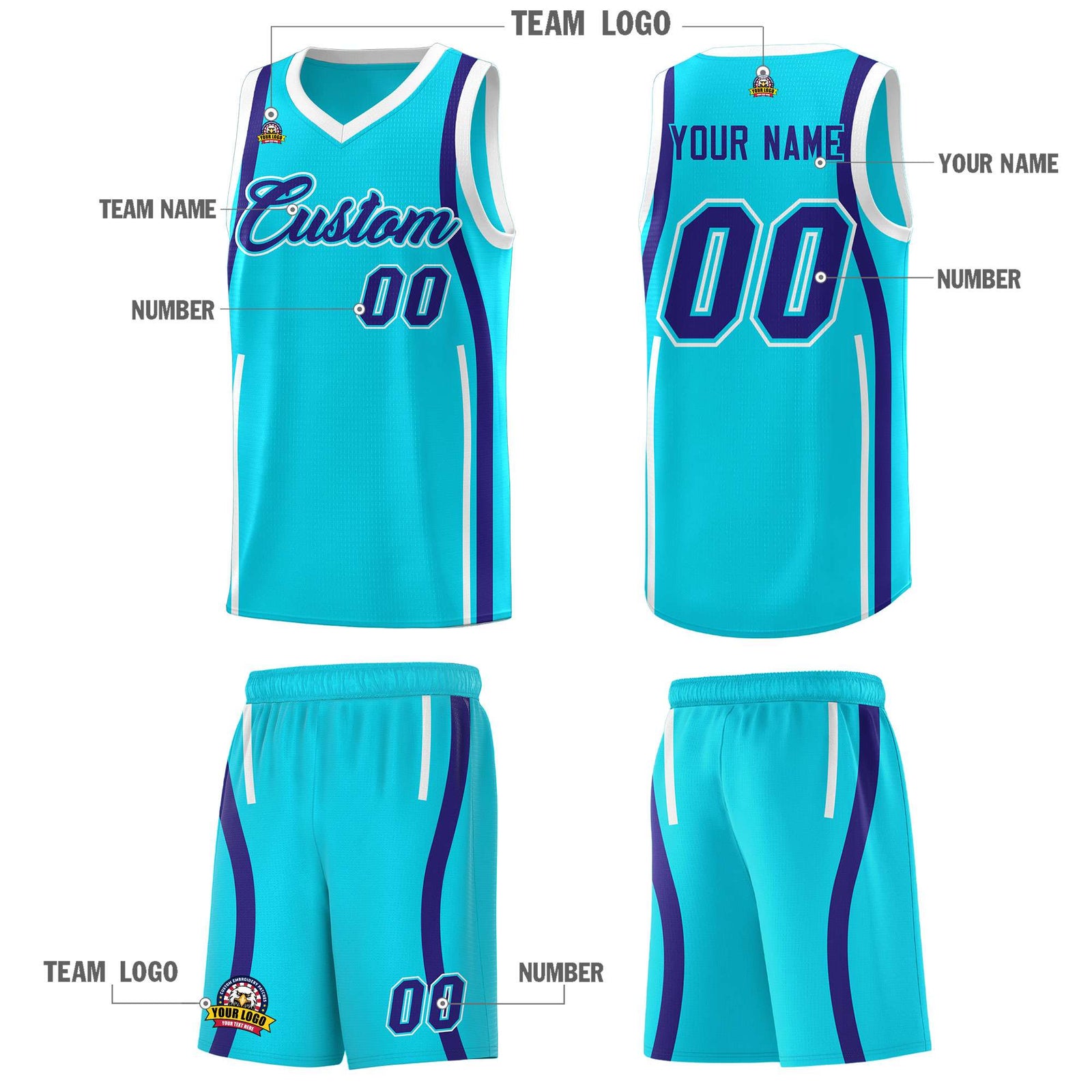 Custom Sky Blue Royal-White Ribbon Pattern Basketball Kits
