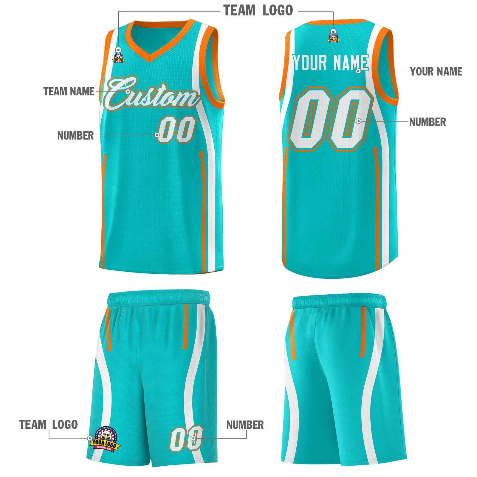 Custom Aqua Orange-White Ribbon Pattern Basketball Kits