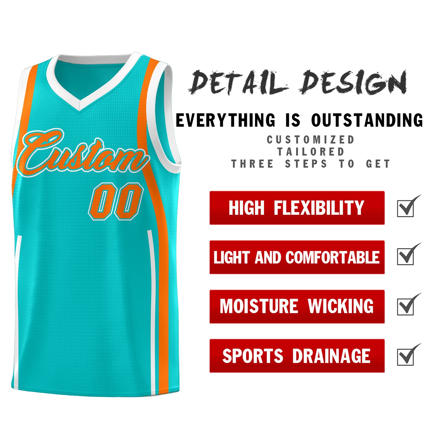 Custom Aqua Orange-White Ribbon Pattern Basketball Kits