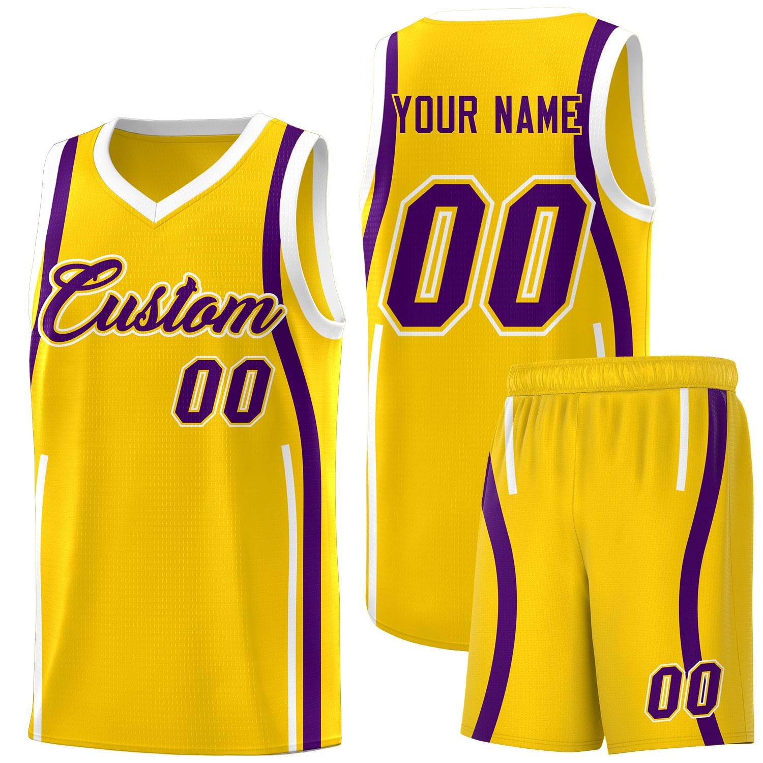 Custom Gold Purple-White Ribbon Pattern Basketball Kits