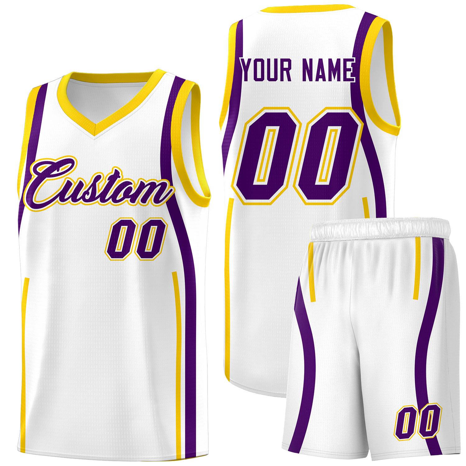 Custom White Purple-Gold Ribbon Pattern Basketball Kits
