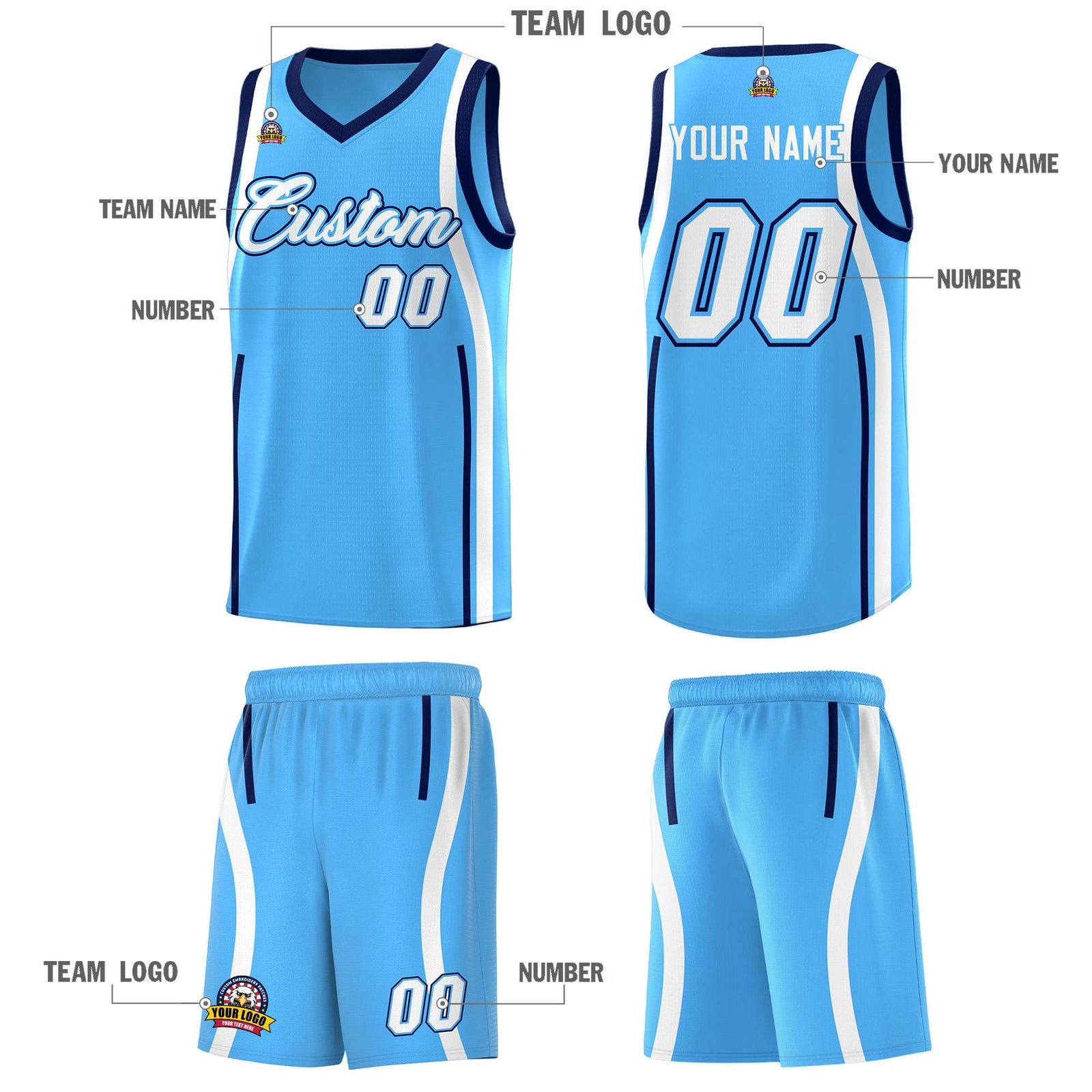 Custom Powder Blue Navy-White Ribbon Pattern Basketball Kits