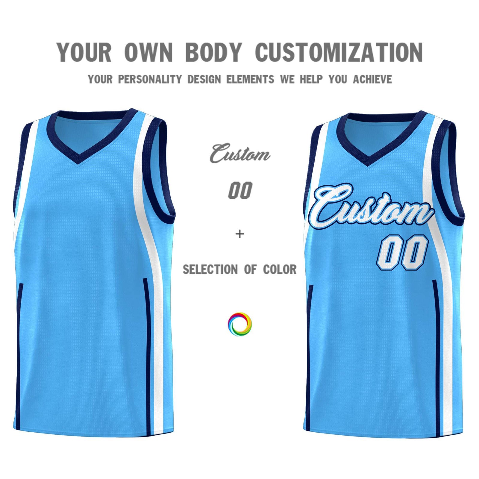 Custom Powder Blue Navy-White Ribbon Pattern Basketball Kits