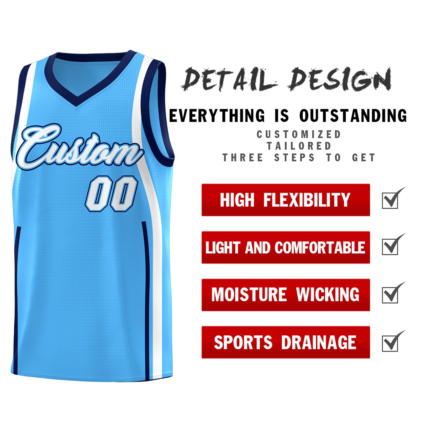Custom Powder Blue Navy-White Ribbon Pattern Basketball Kits