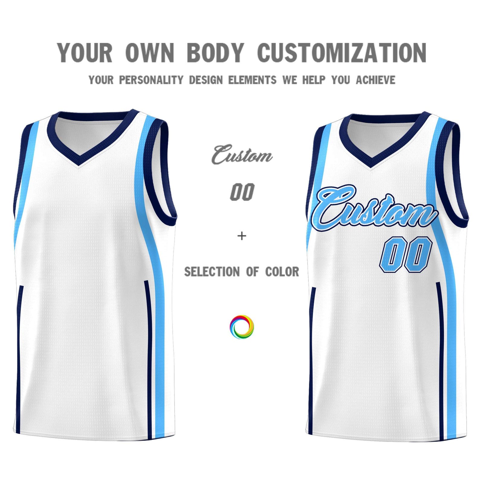 Custom White Powder Blue-Navy Ribbon Pattern Basketball Kits