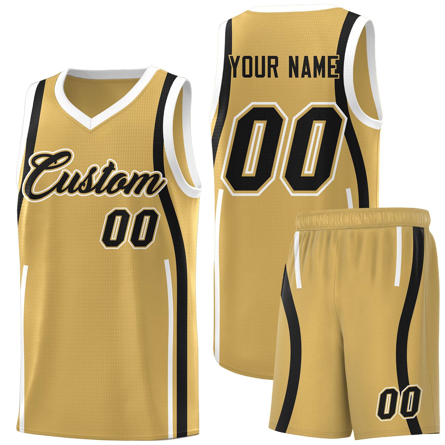 Custom Old Gold Black-White Ribbon Pattern Basketball Kits