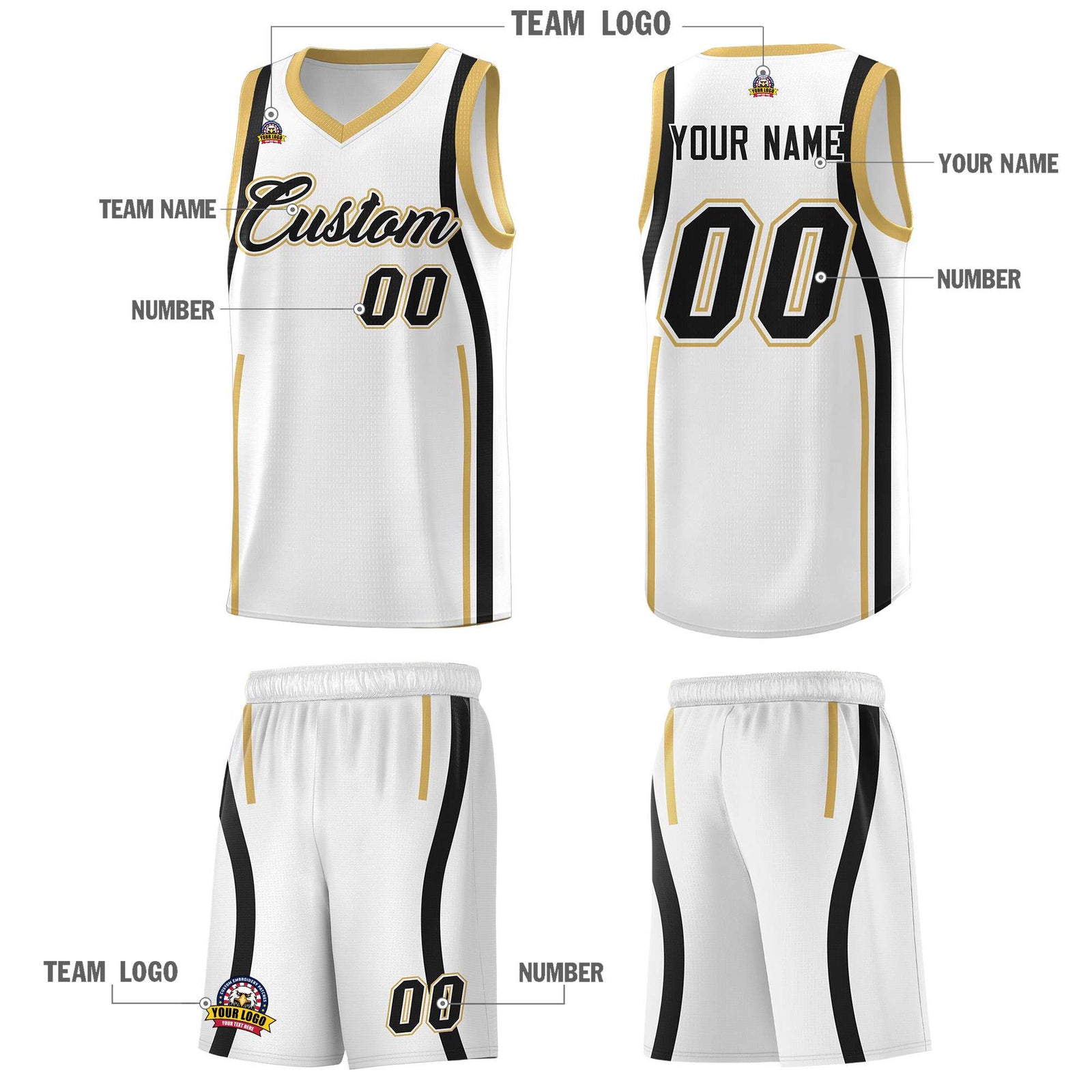 Custom White Black-White Ribbon Pattern Basketball Kits