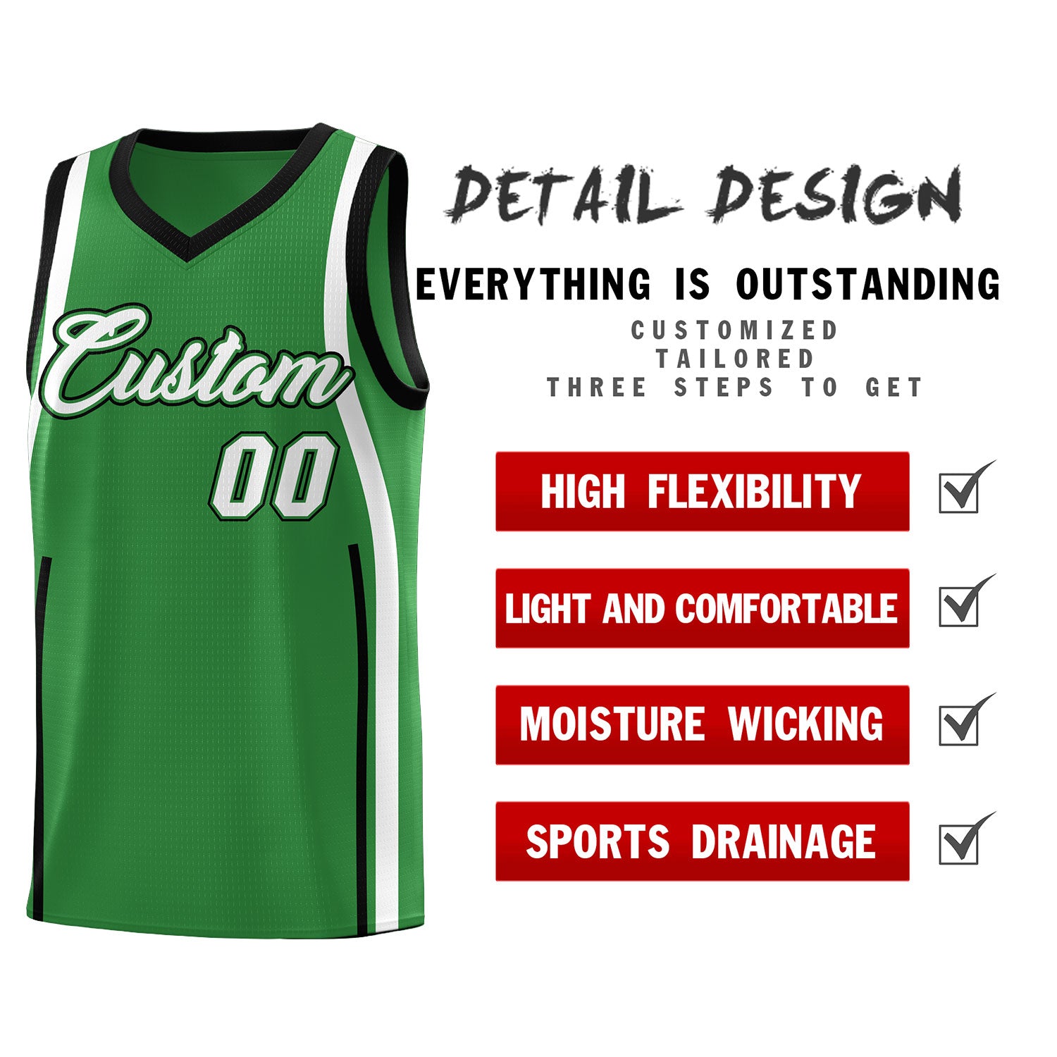 Custom Kelly Green Black-White Ribbon Pattern Basketball Kits