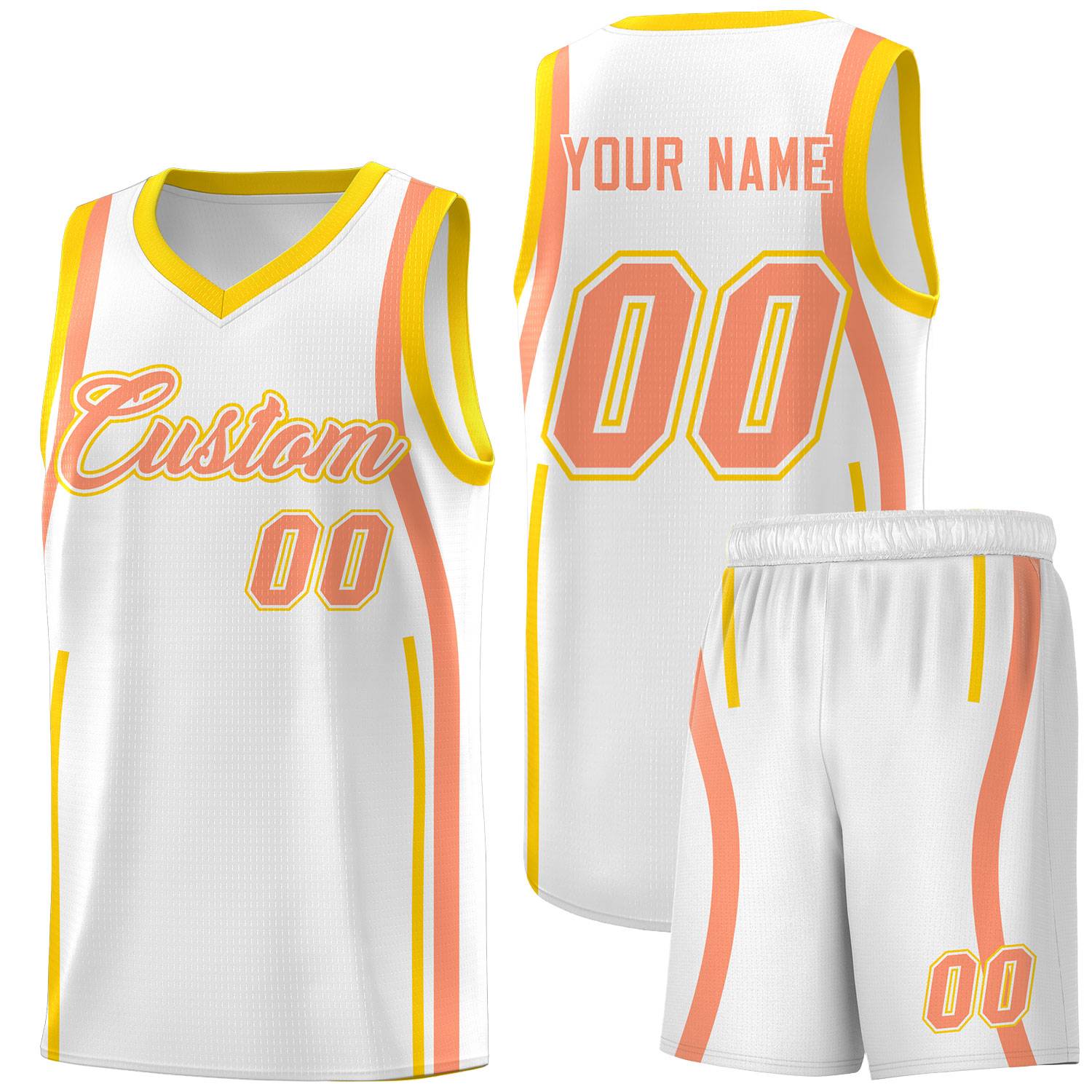 Custom White Light Orange-Gold Ribbon Pattern Basketball Kits