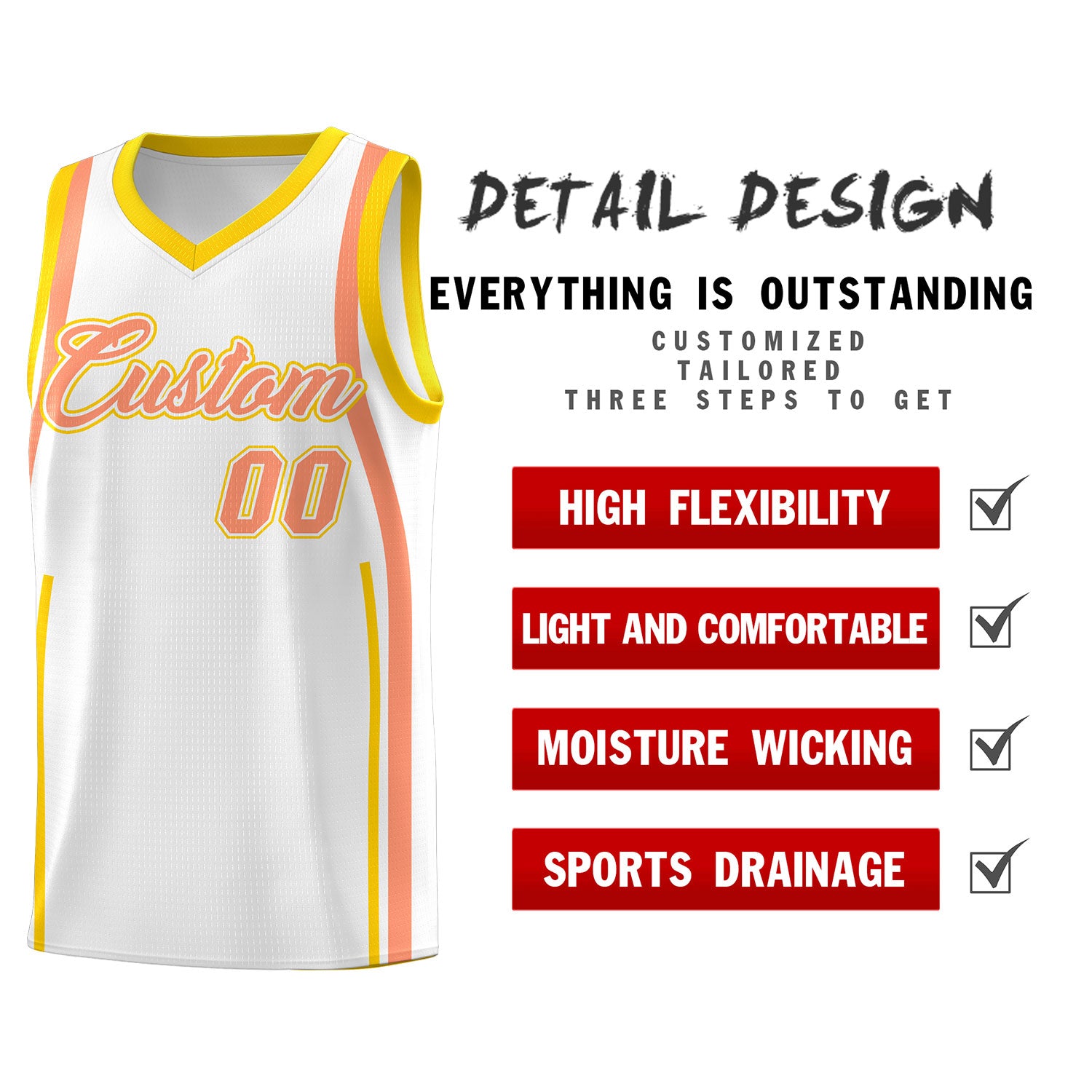 Custom White Light Orange-Gold Ribbon Pattern Basketball Kits