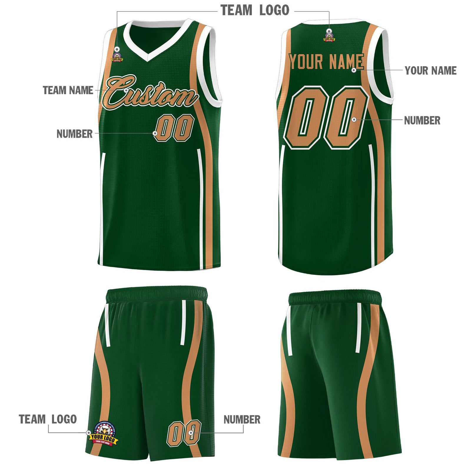Custom Green Buckskin Brown-White Ribbon Pattern Basketball Kits