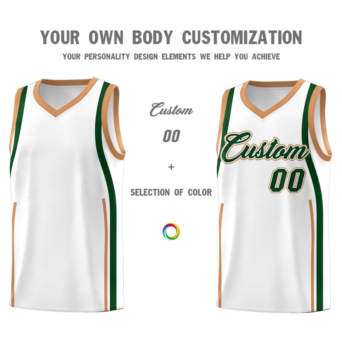 Custom White Green-Buckskin Brown Ribbon Pattern Basketball Kits