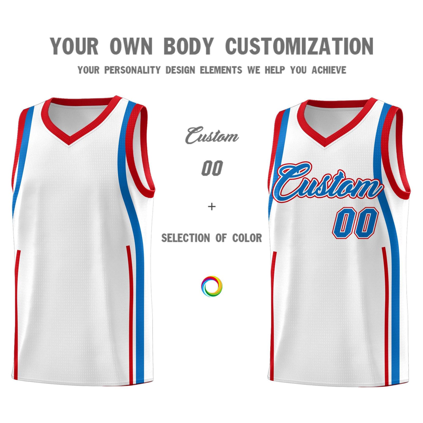 Custom White Royal-Red Ribbon Pattern Basketball Kits