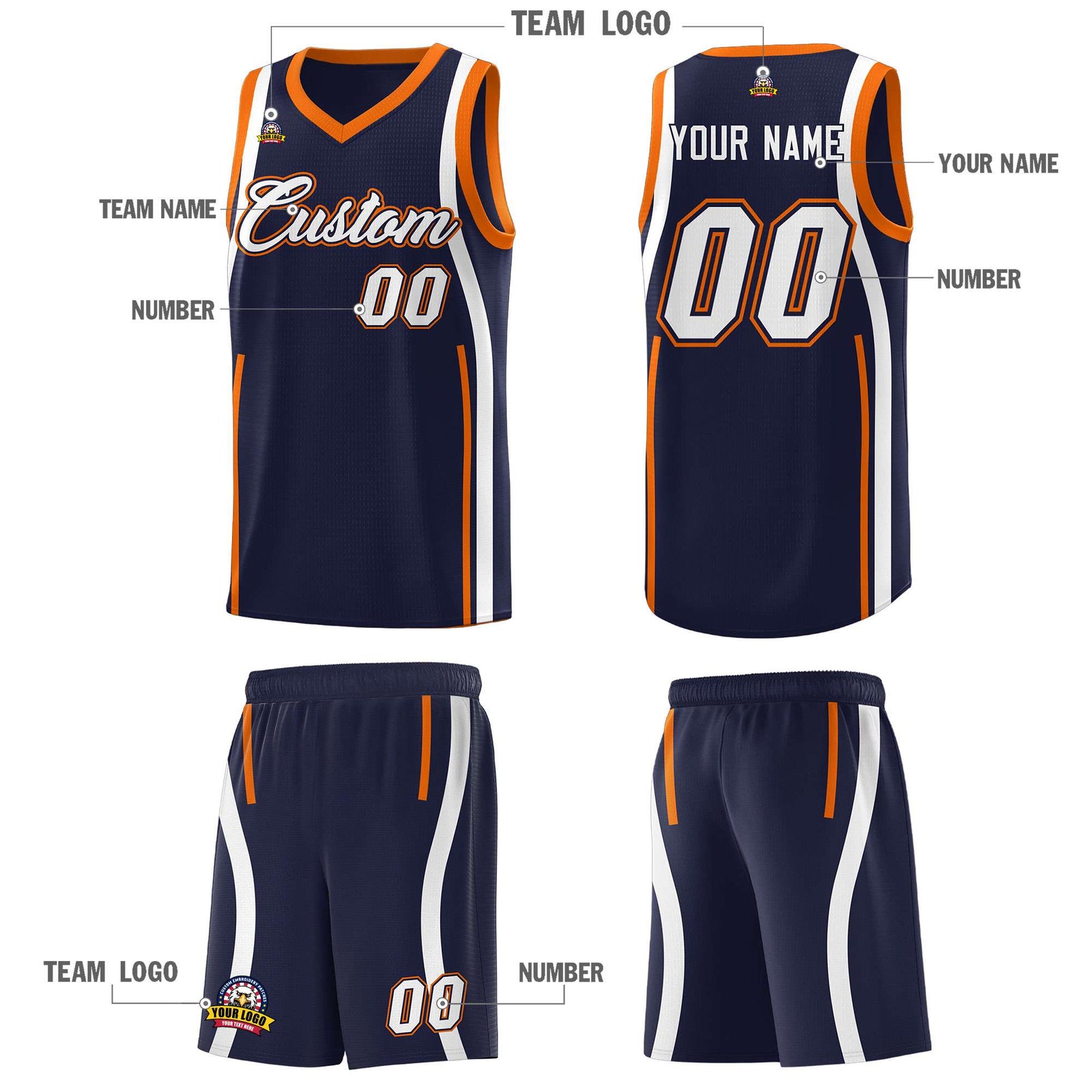 Custom Navy Orange-White Ribbon Pattern Basketball Kits