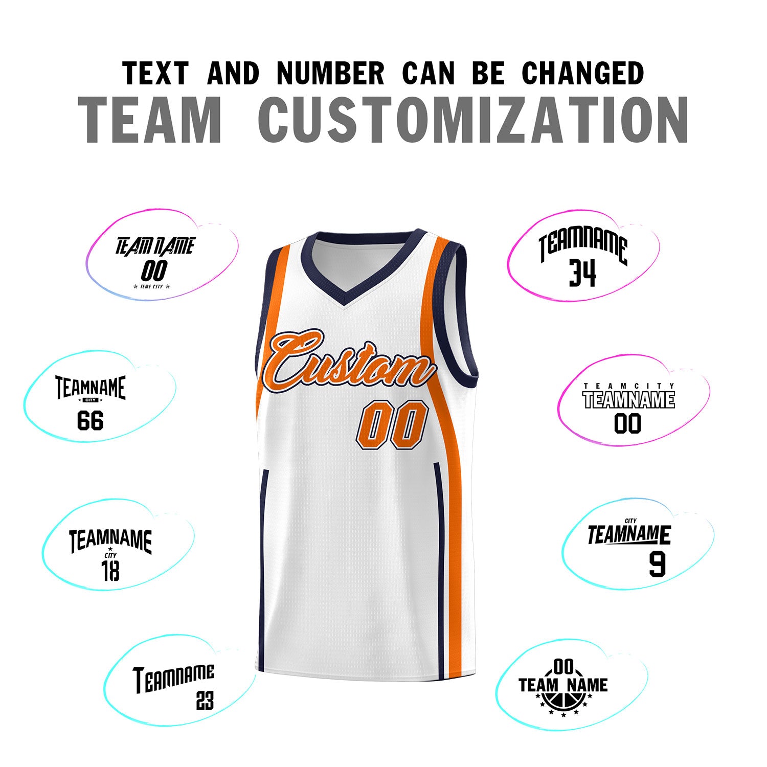 Custom White Navy-Orange Ribbon Pattern Basketball Kits