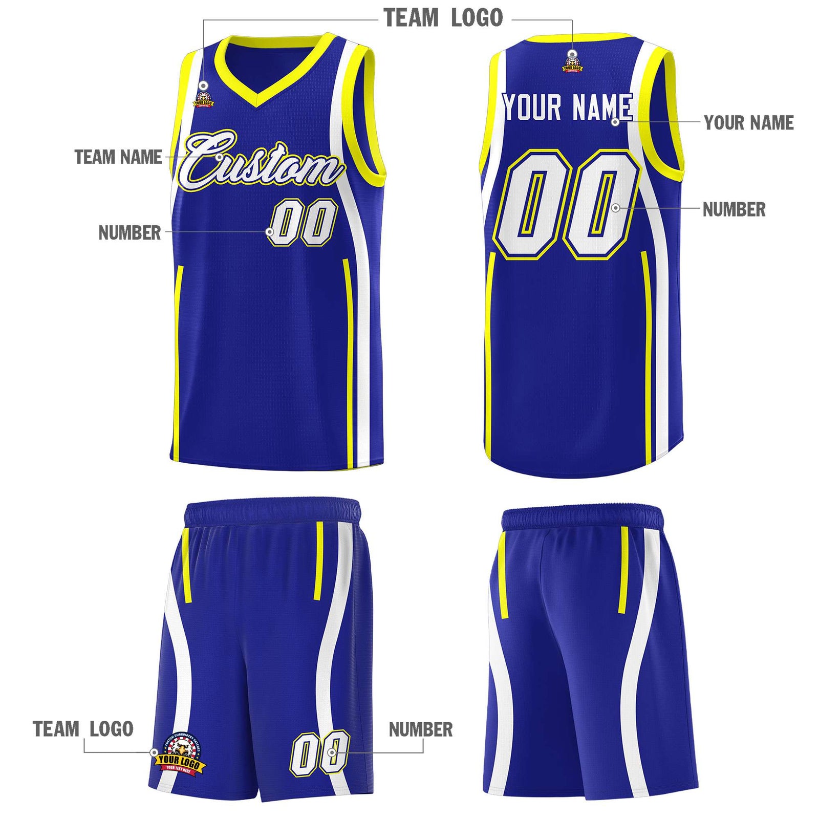 Custom Royal Fluorescent Yellow-White Ribbon Pattern Basketball Kits
