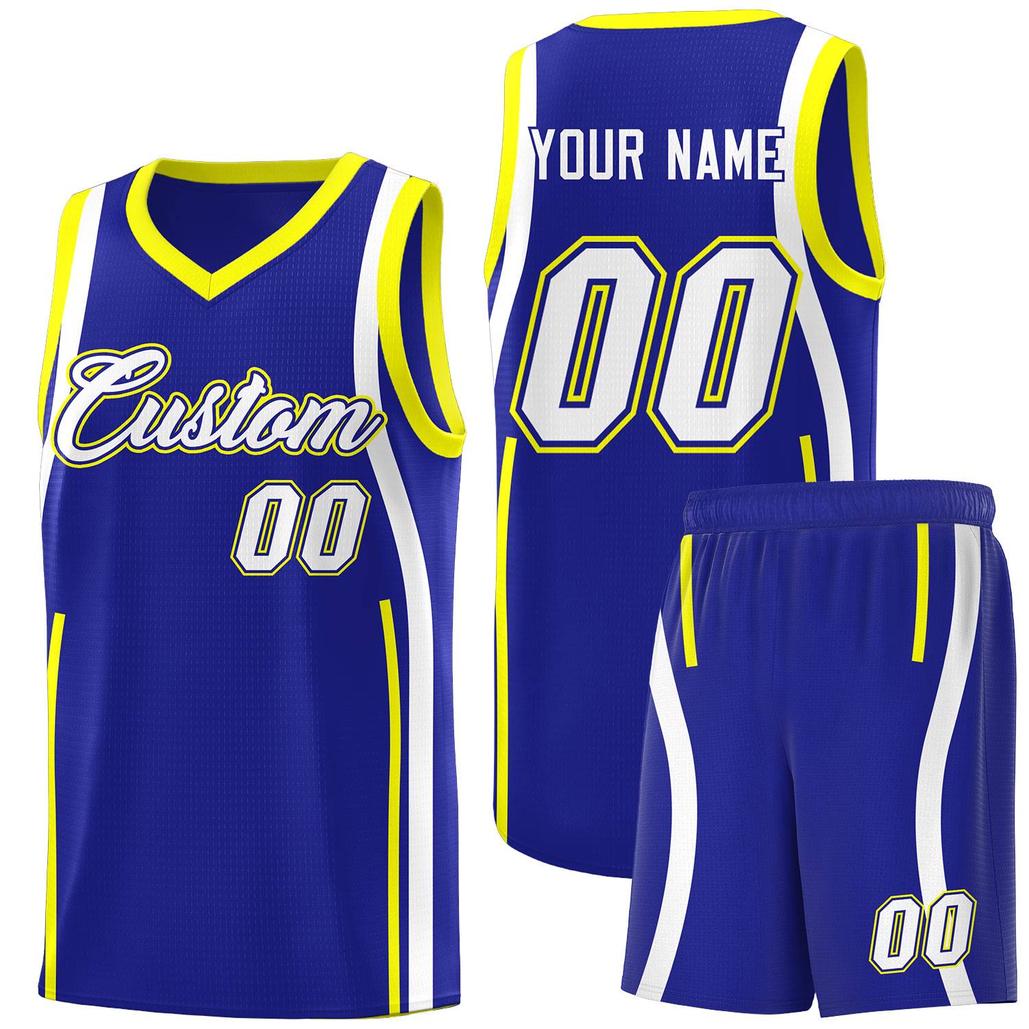 Custom Royal Fluorescent Yellow-White Ribbon Pattern Basketball Kits