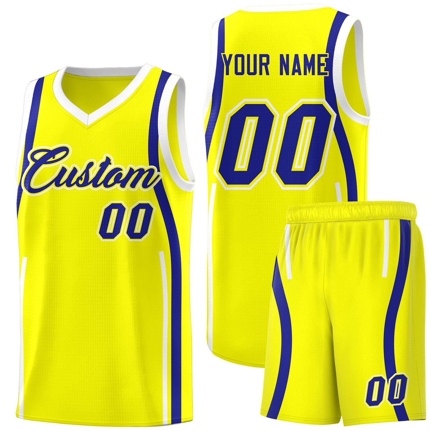 Custom Fluorescent Yellow Royal-White Ribbon Pattern Basketball Kits
