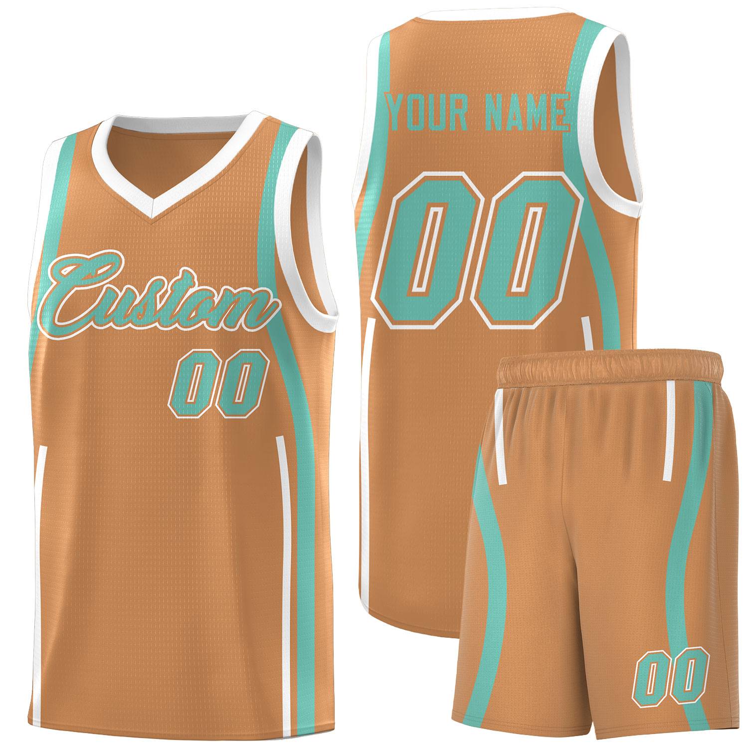 Custom Buckskin Brown Bright Green-White Ribbon Pattern Basketball Kits