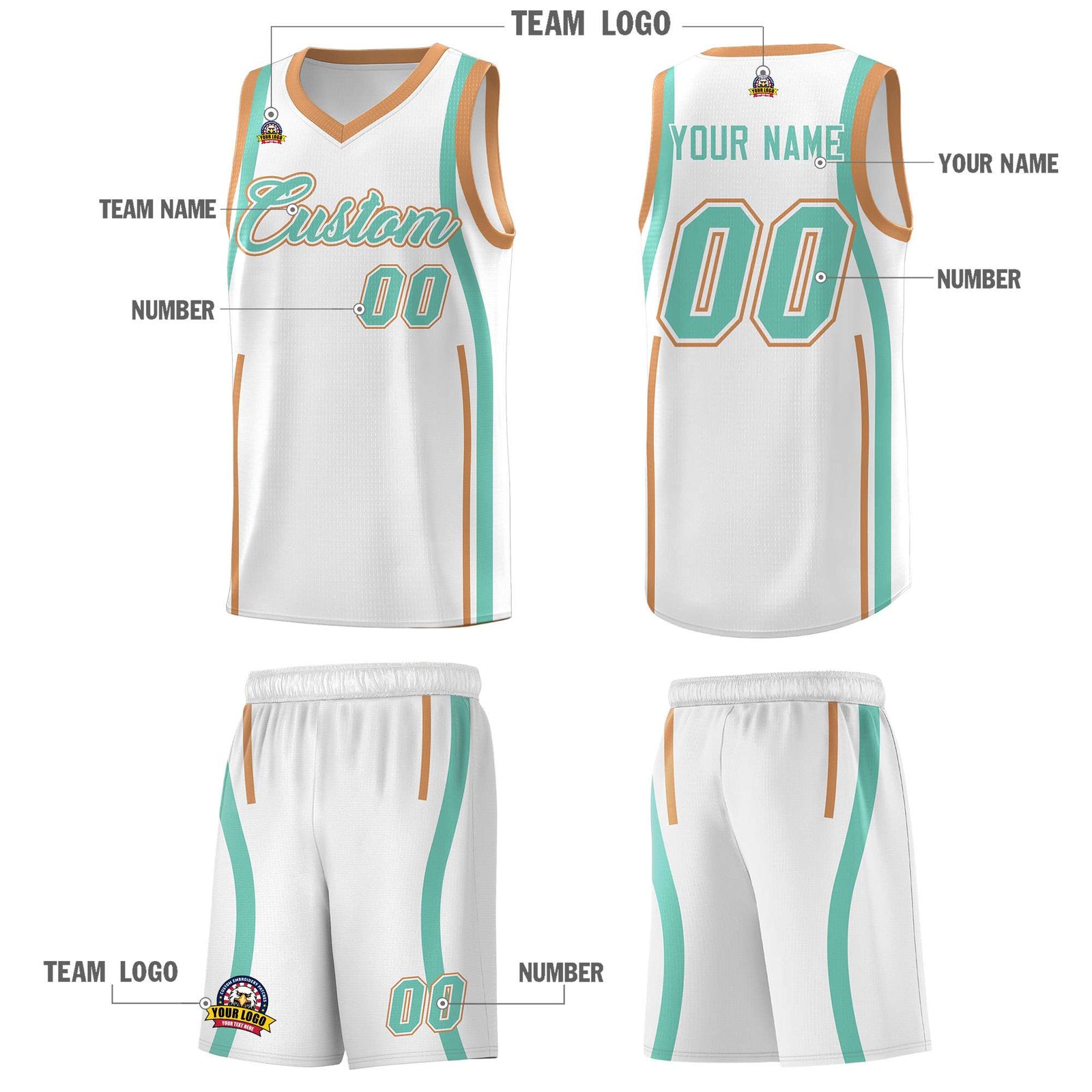 Custom White Bright Green-Buckskin Brown Ribbon Pattern Basketball Kits