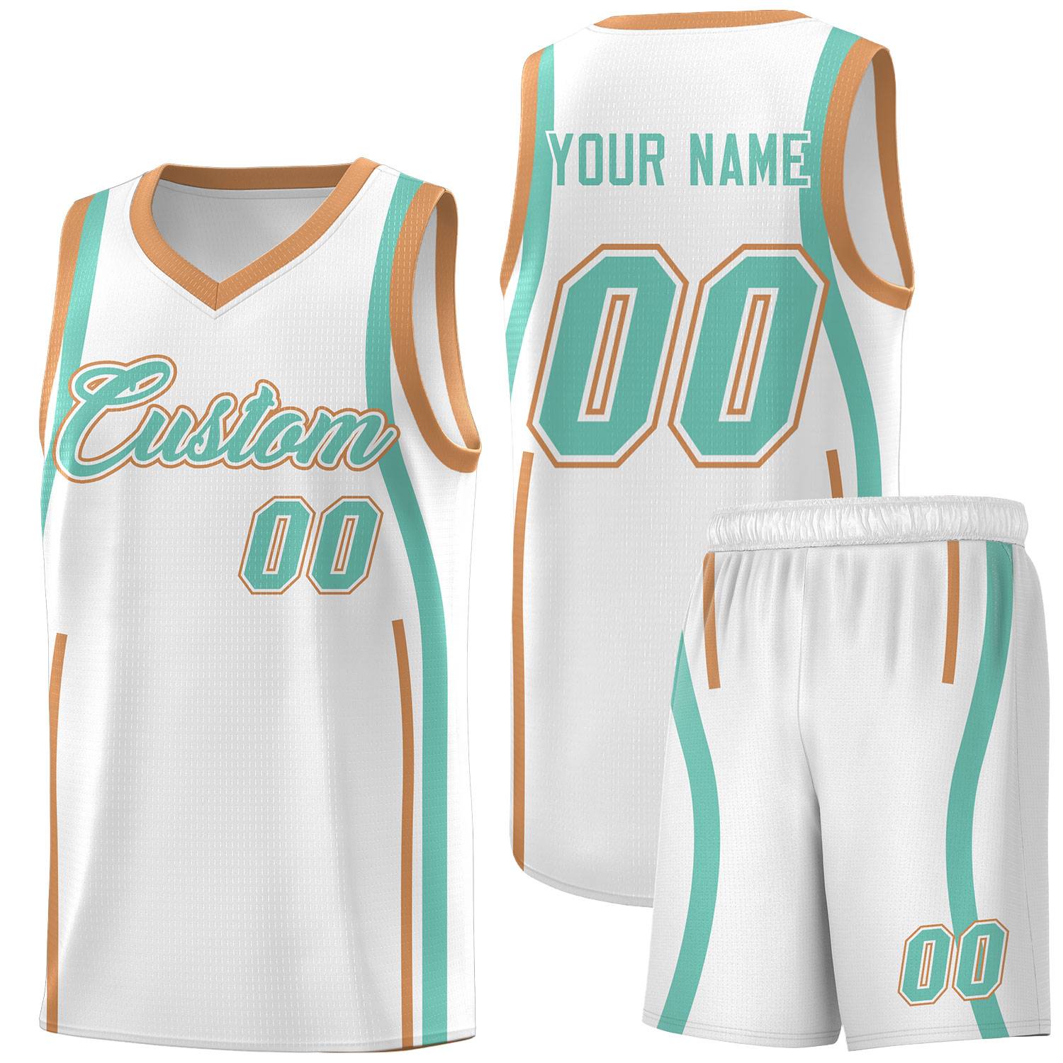 Custom White Bright Green-Buckskin Brown Ribbon Pattern Basketball Kits