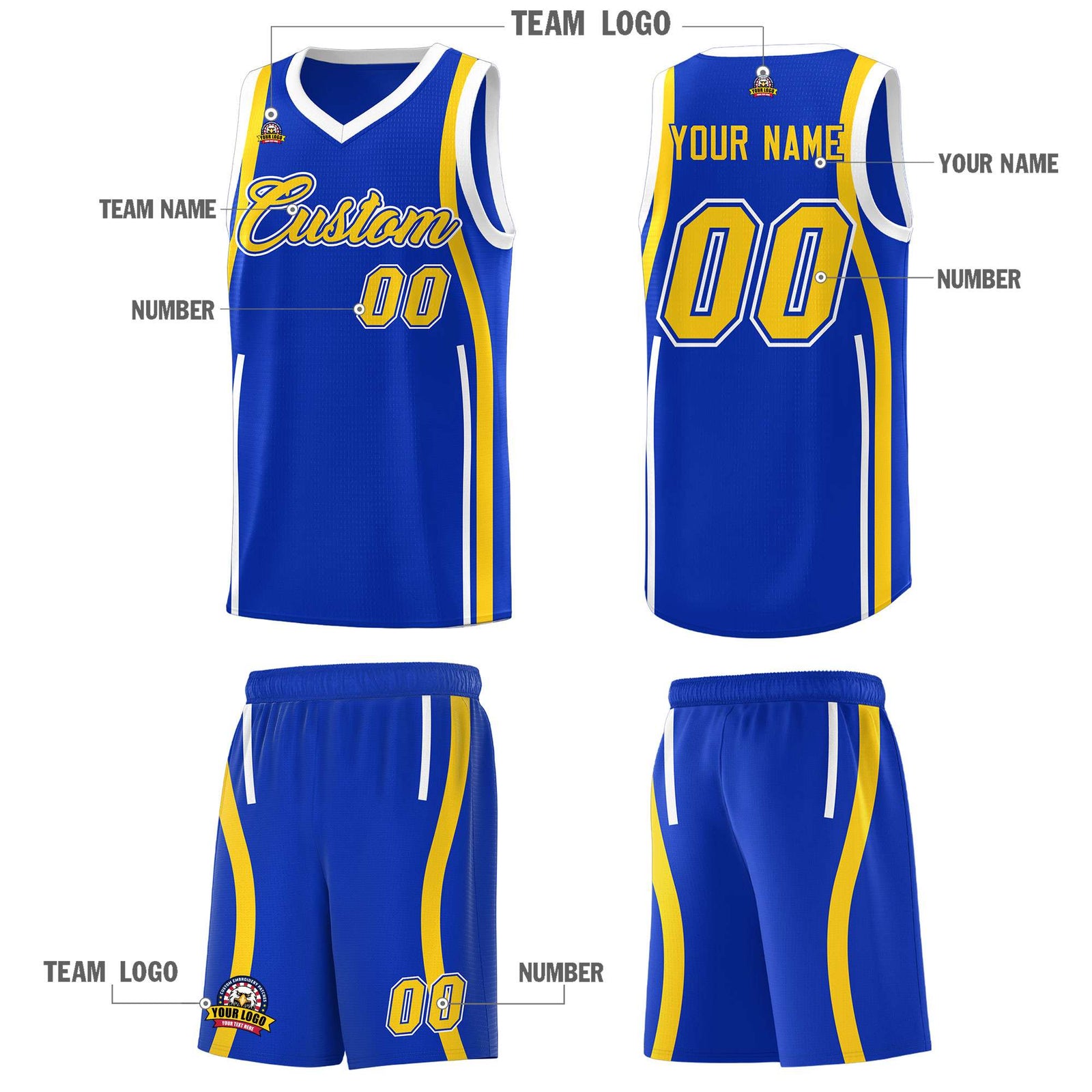 Custom Royal Gold-White Ribbon Pattern Basketball Kits