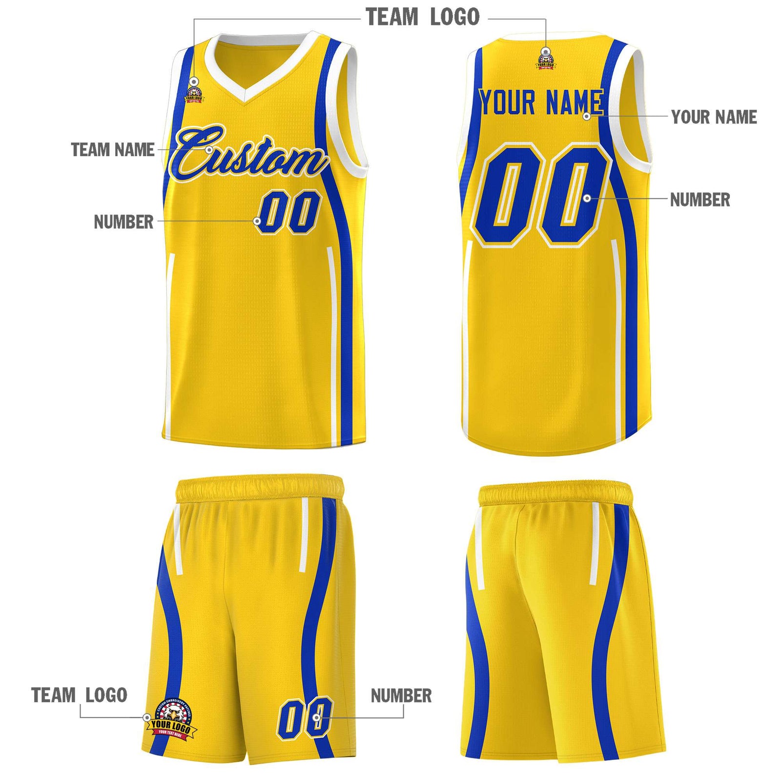Custom Gold Royal-White Ribbon Pattern Basketball Kits