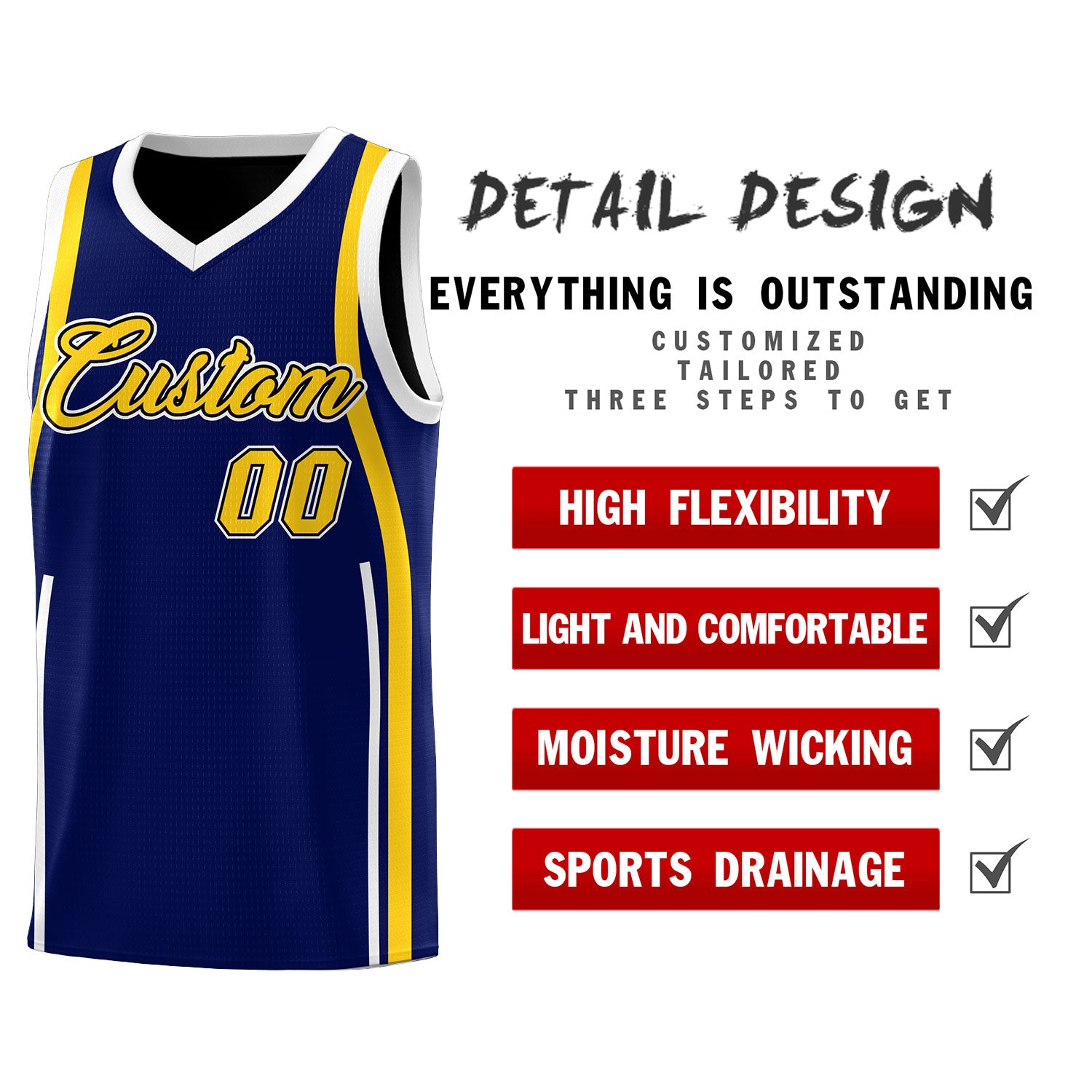 Custom Navy Gold-White Ribbon Pattern Basketball Kits
