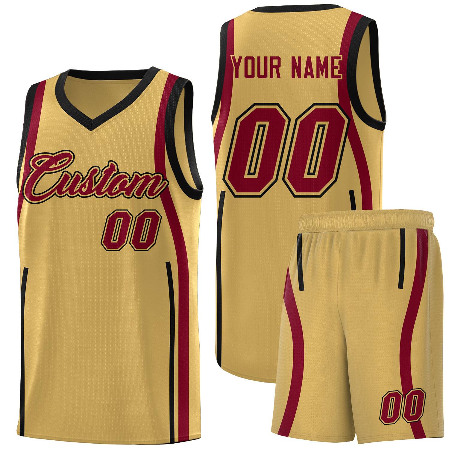 Custom Old Gold Crimson-Black Ribbon Pattern Basketball Kits