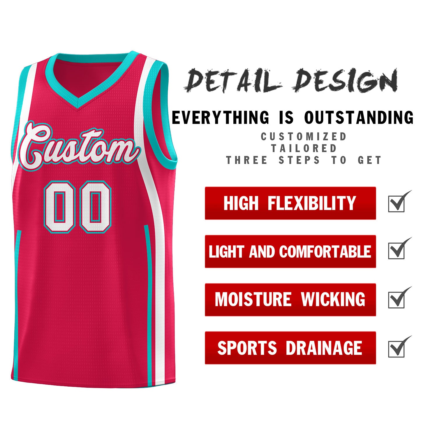 Custom Red Aqua AND White Basketball Jersey