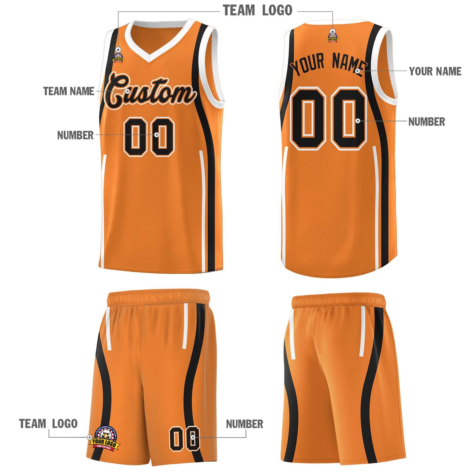 Custom Gold Orange Black AND White Basketball Jersey